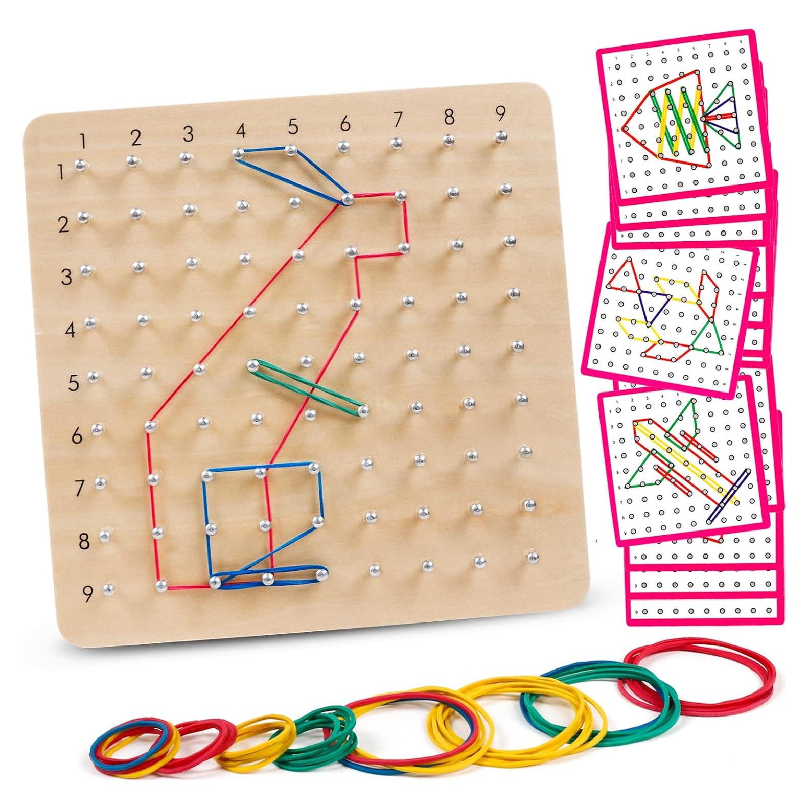 Tablero Geoboard de Madera Skrtuan con Tarjetas y Bandas, Juguete Educativo