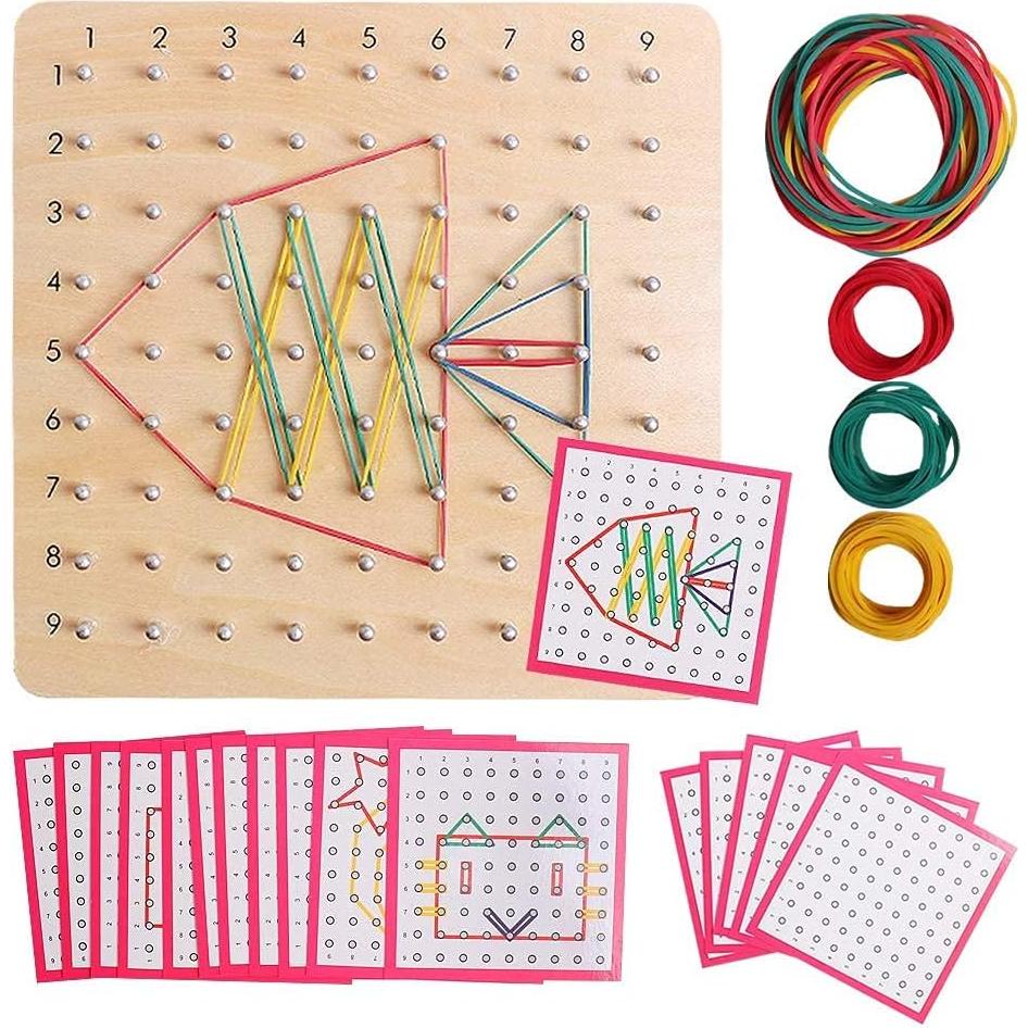 Tablero Geoboard de Madera Skrtuan con Tarjetas y Bandas, Juguete Educativo