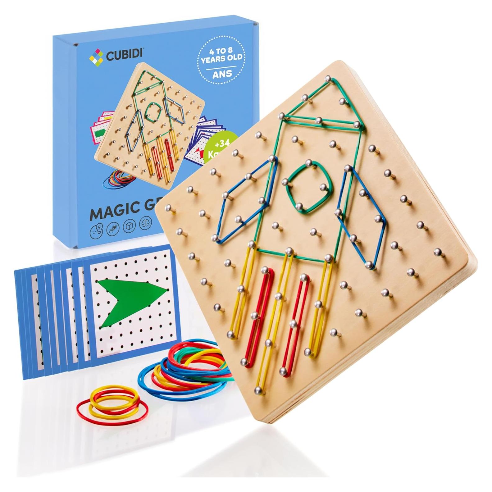 Tablero Geométrico de Madera CUBIDI con Bandas de Goma - Juguete Educativo para Niños 4 Años