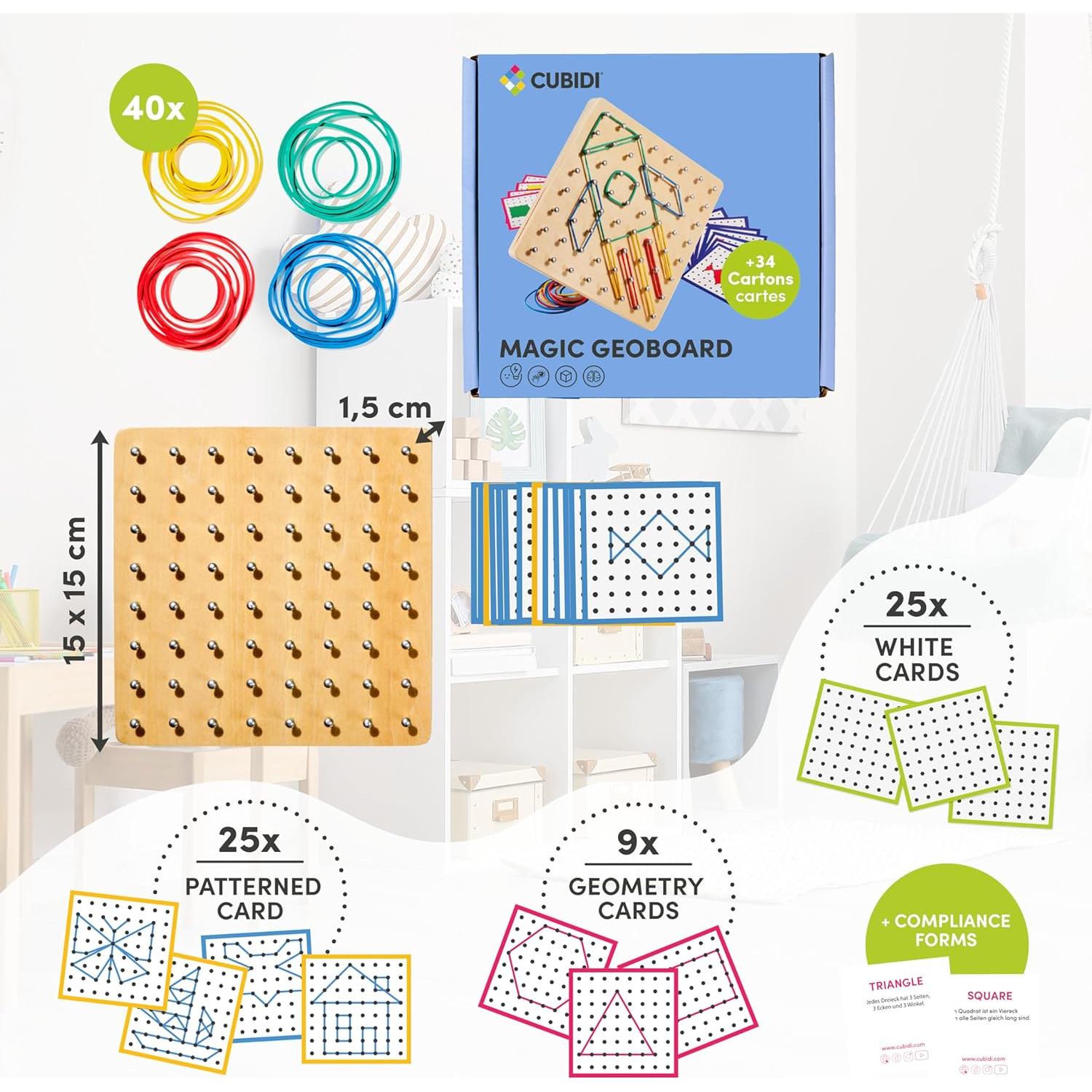 Tablero Geométrico de Madera CUBIDI con Bandas de Goma - Juguete Educativo para Niños 4 Años