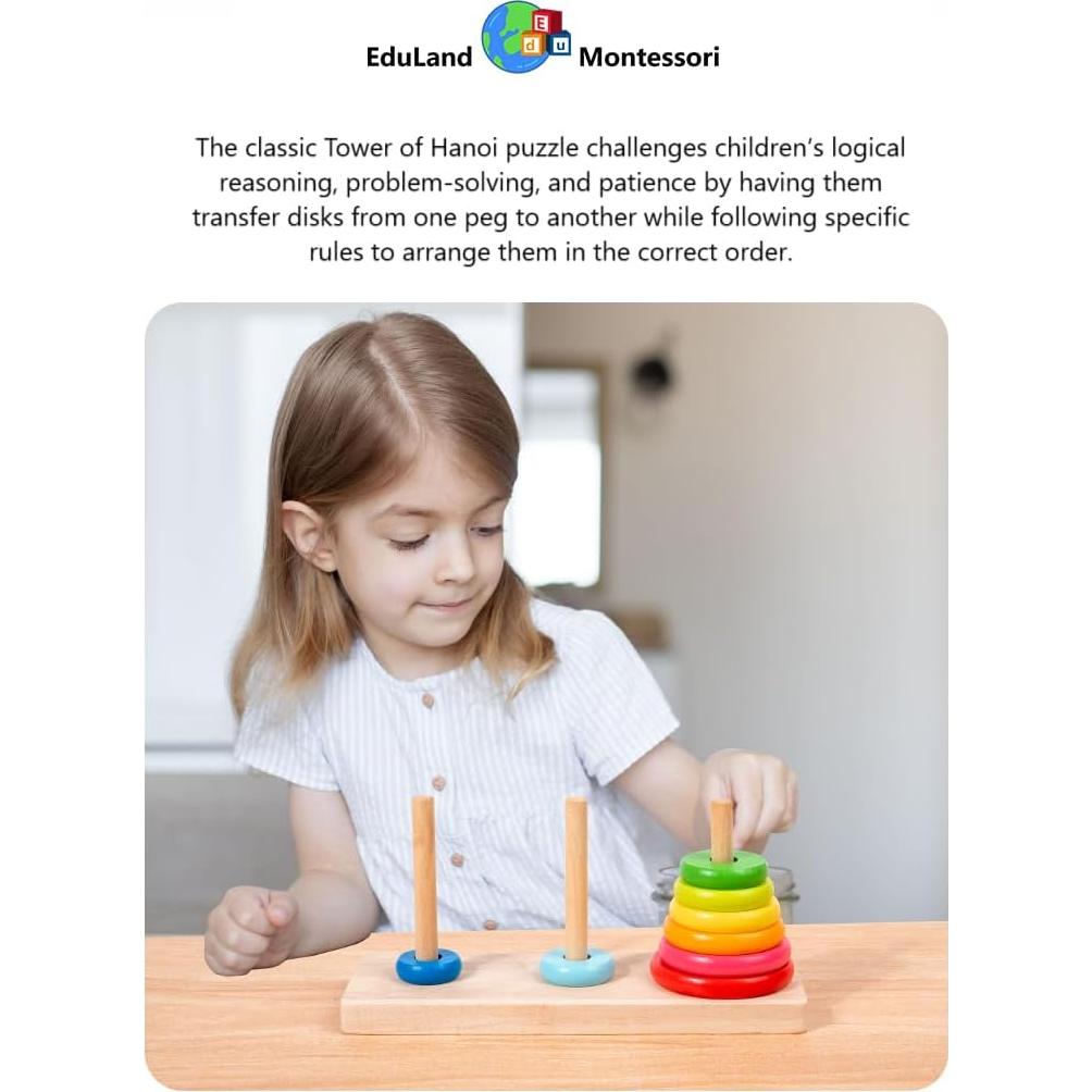 Torres de Hanoi de Madera EduLand Montessori 8 Anillos Juego Lógico