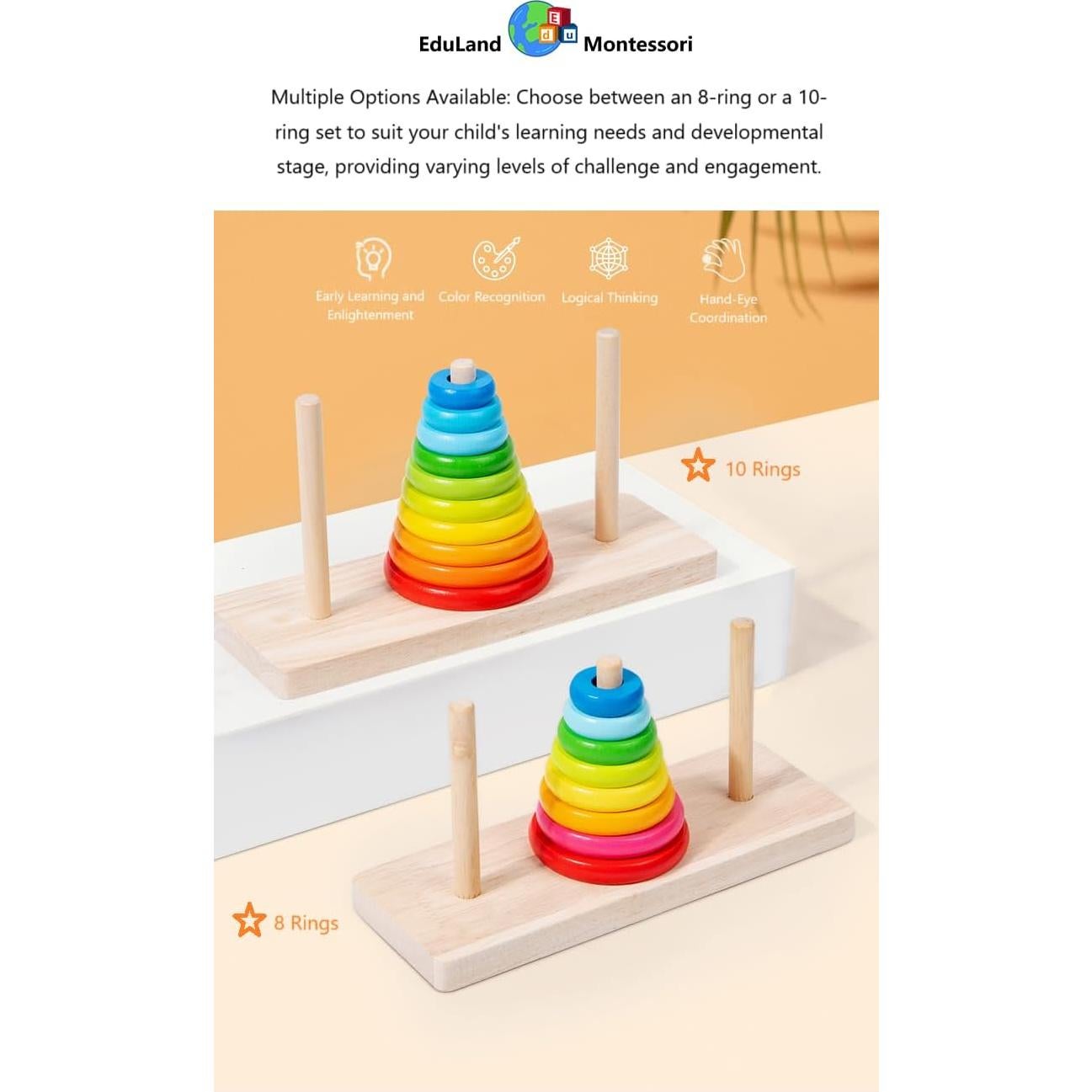 Torres de Hanoi de Madera EduLand Montessori 8 Anillos Juego Lógico