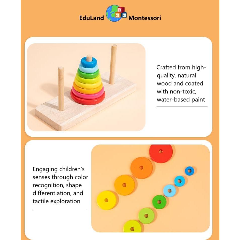 Torres de Hanoi de Madera EduLand Montessori 8 Anillos Juego Lógico