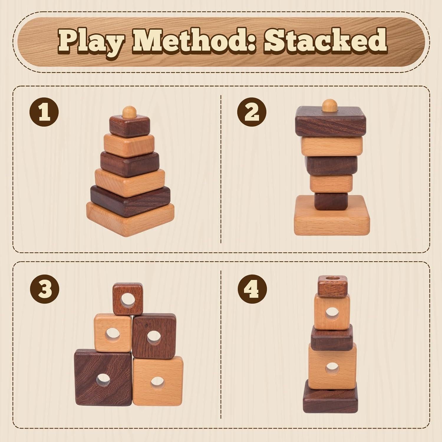 Anillo Montessori Adena Juguete Apilamiento Madera Cuadrado