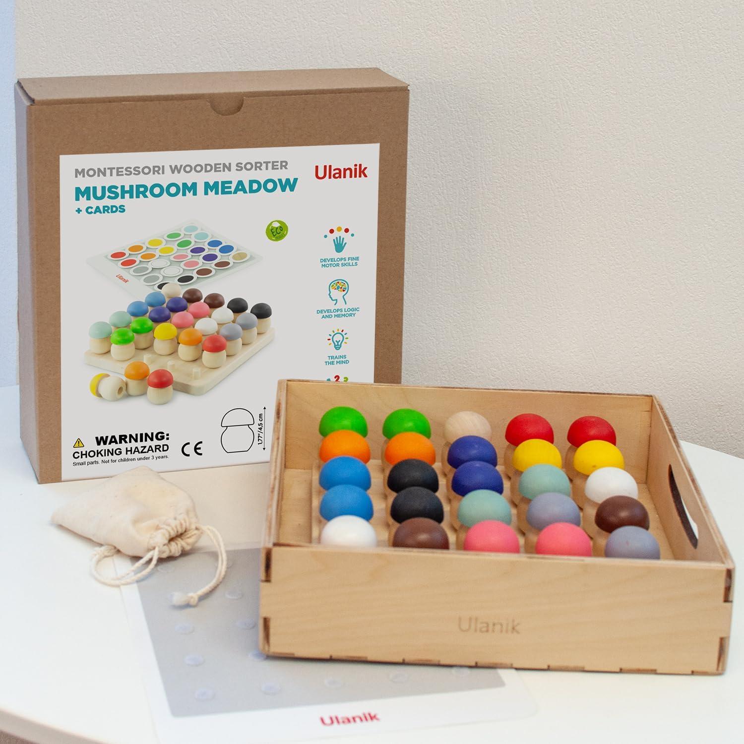 Juguetes Montessori Ulanik - Juego de Hongos de Madera 25 pcs