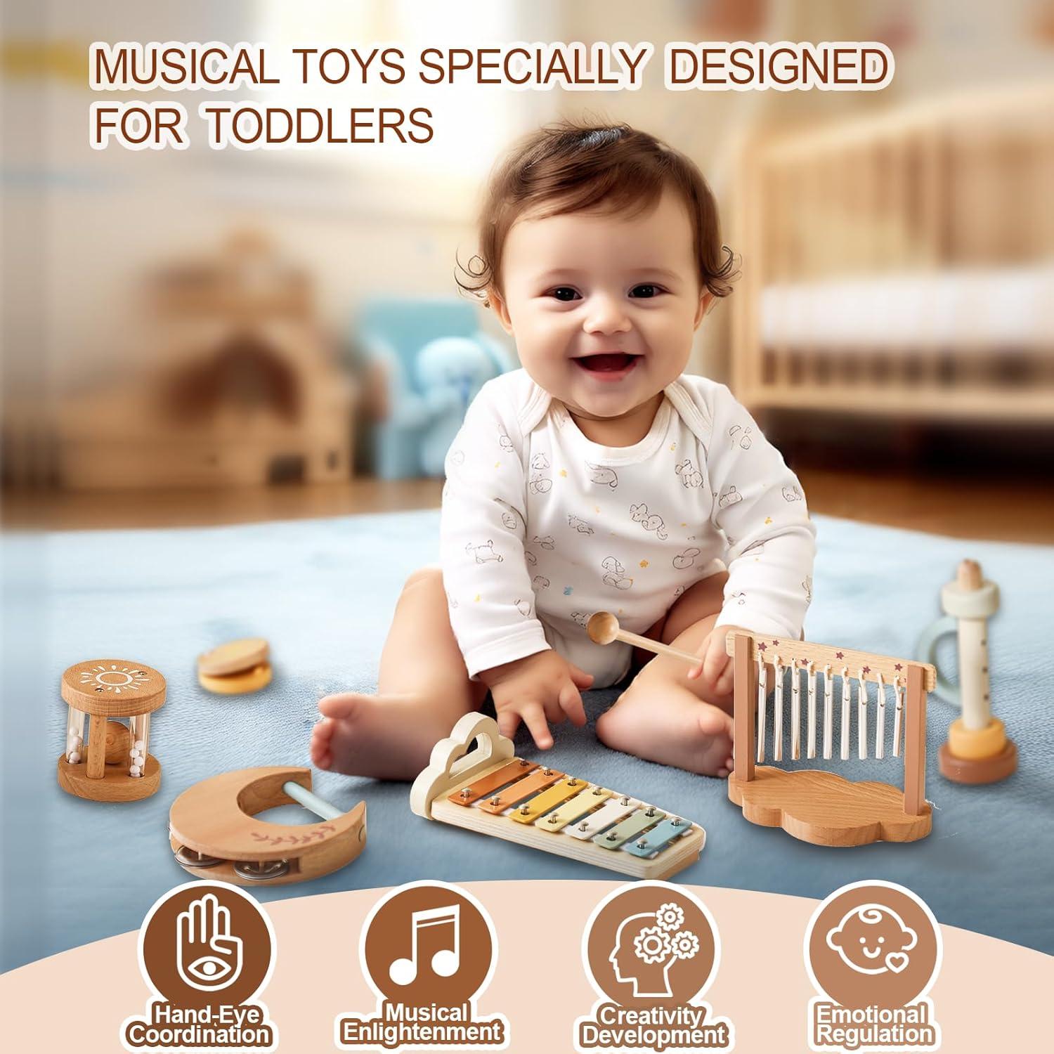 Set de Instrumentos Musicales Montessori Smartwo - Juguetes de Madera para Bebés 18+ Meses