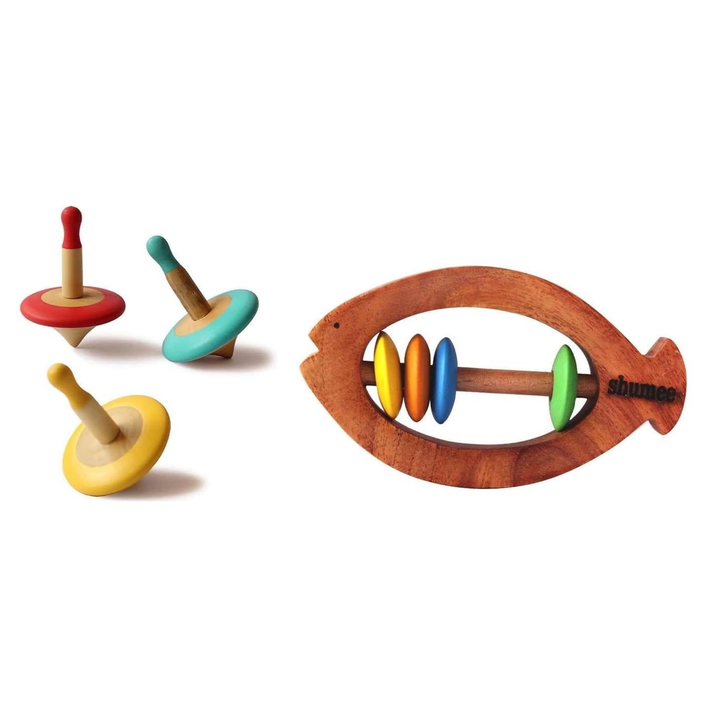 Combo Juguetes Sensoriales Shumee: Sonajero Mordedor y Trompo