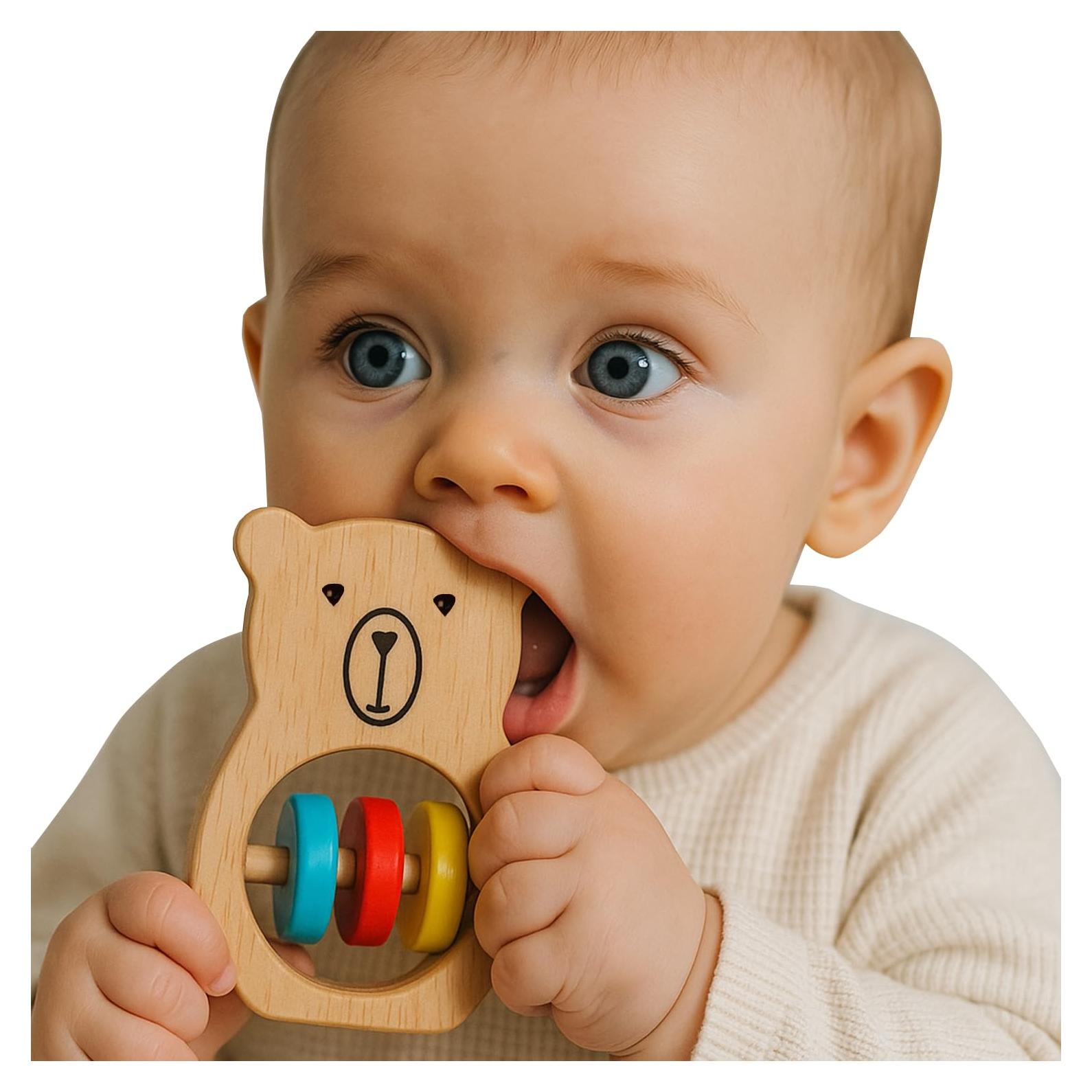Sonajero y Mordedor de Madera Shumee Oso para Bebés - Seguro y Ligero