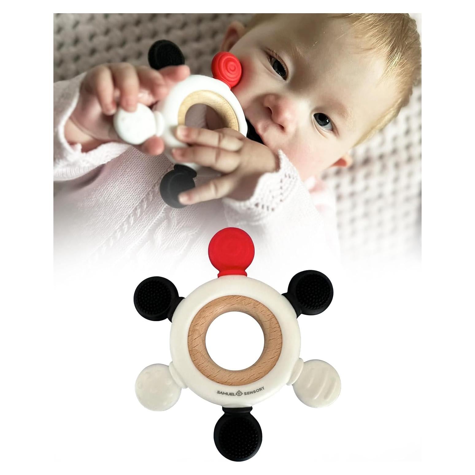 Anillo de Mordedor Samuel - Madera de Haya y Silicona - Rojo, Negro, Blanco