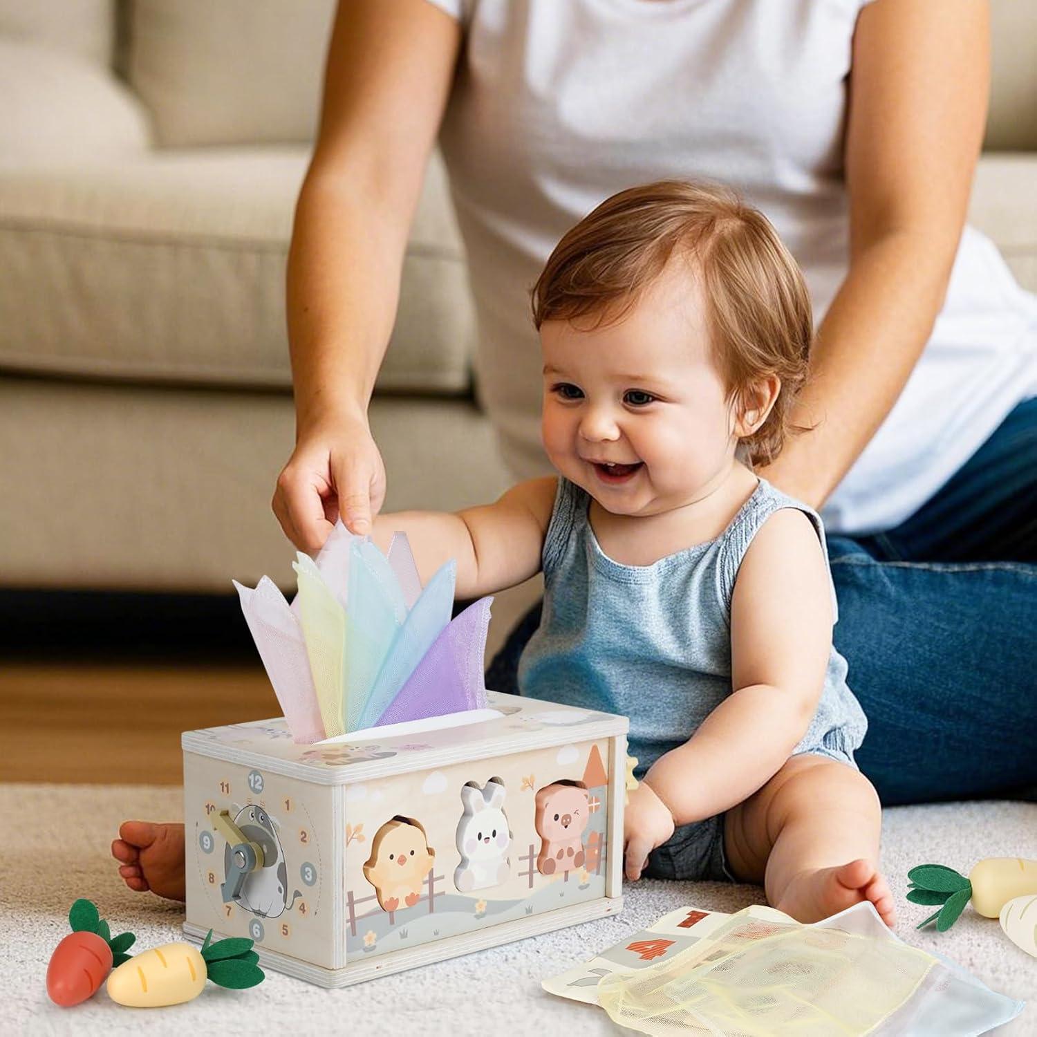 Caja de Tejidos Sensorial DINORUN para Bebés 18 Meses