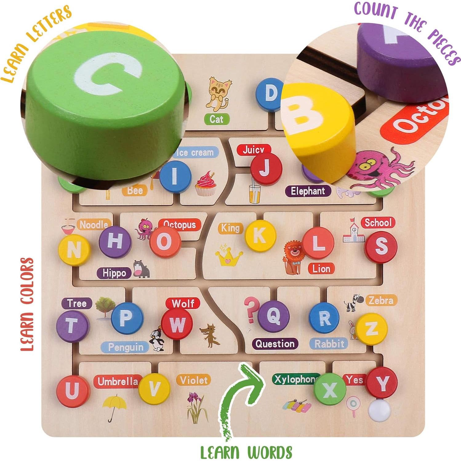 Boxiki kids Wooden Alphabet Puzzle. Alphabet Board for Kids with Wooden Letters. Best Learning ABC Puzzles That Help in Developing Motor Skills, Concentration and Imagination in Children.