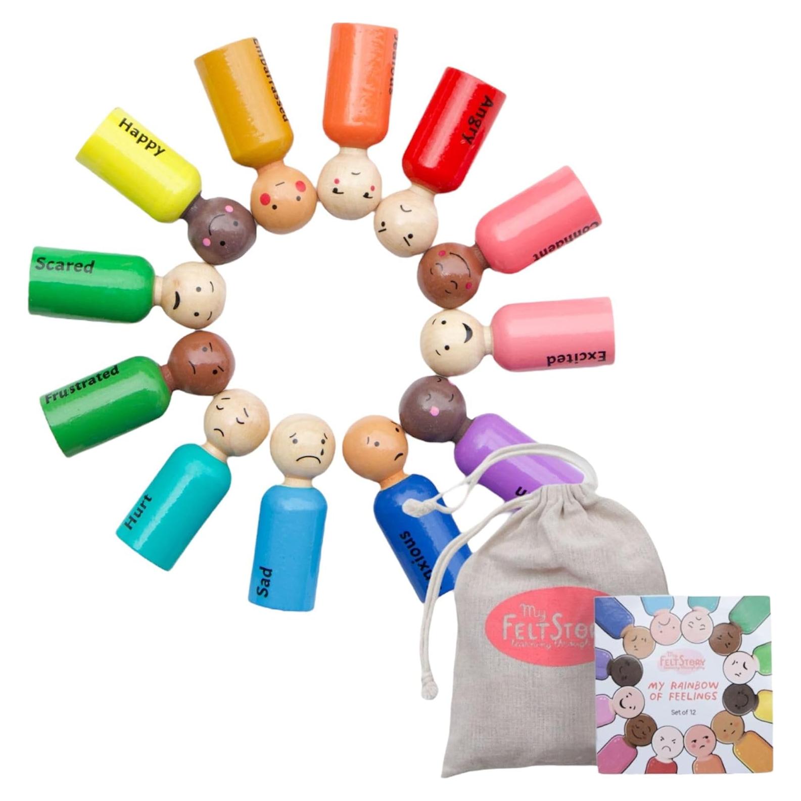 Juego de 12 Muñecos de Madera Emociones My Felt Story
