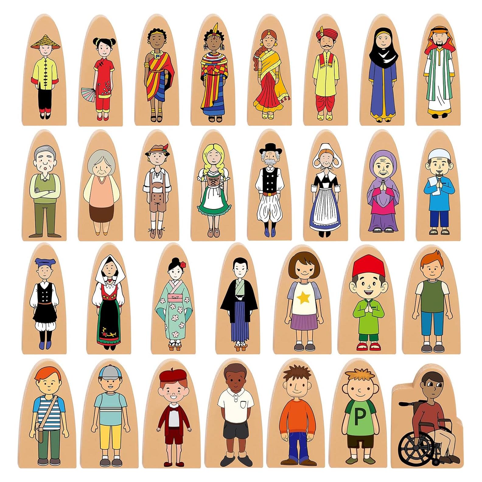 Figuras de Madera Multiculturales Syhood - 30 Pcs para Juego Educativo