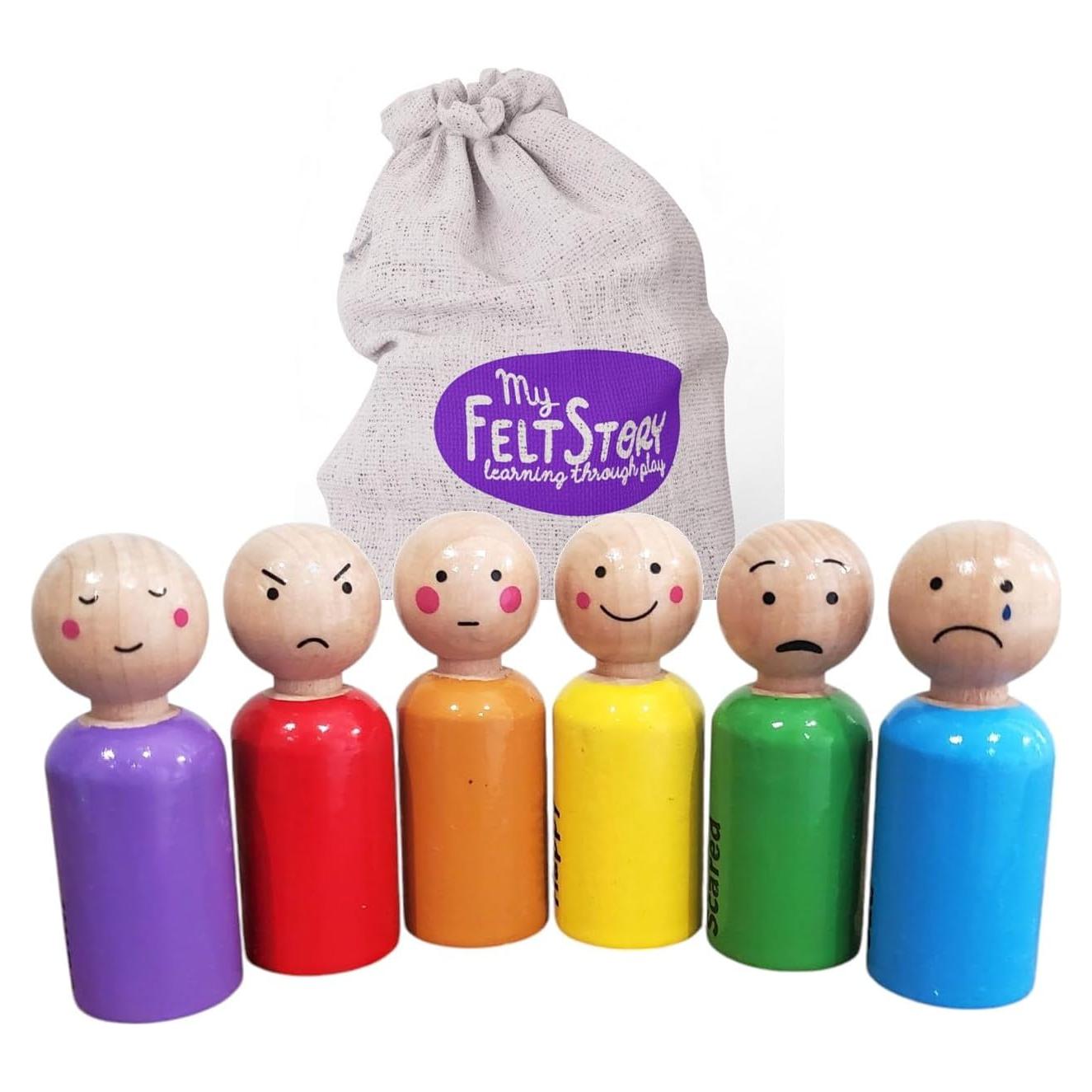 Juego de 6 Muñecos de Madera Arcoíris con Emociones