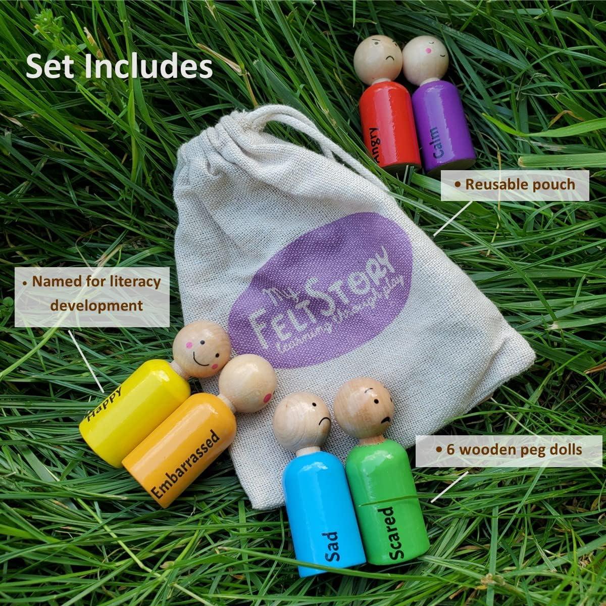 Juego de 6 Muñecos de Madera Arcoíris con Emociones