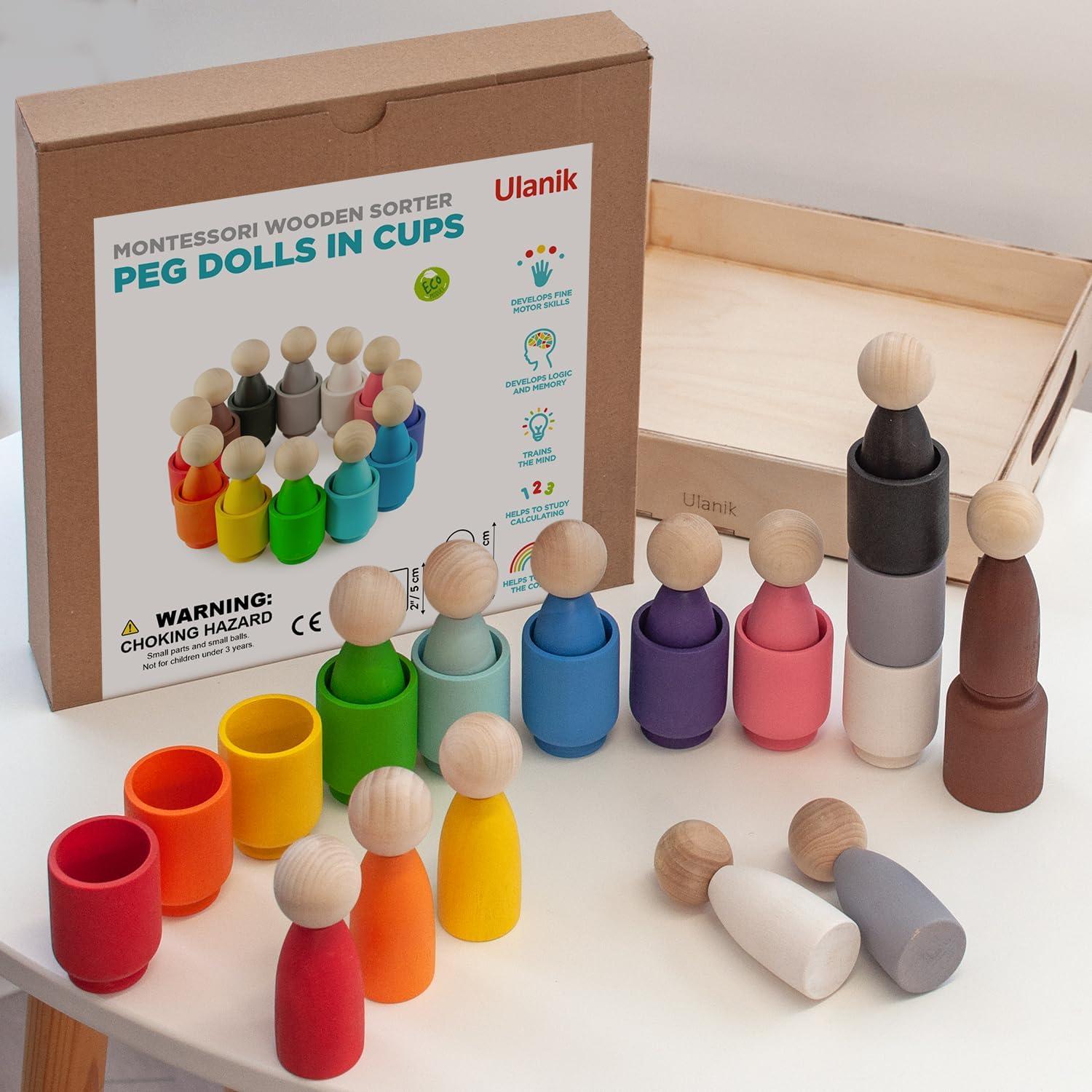 Muñecos de Madera Ulanik en Tazas Montessori - 12 Piezas
