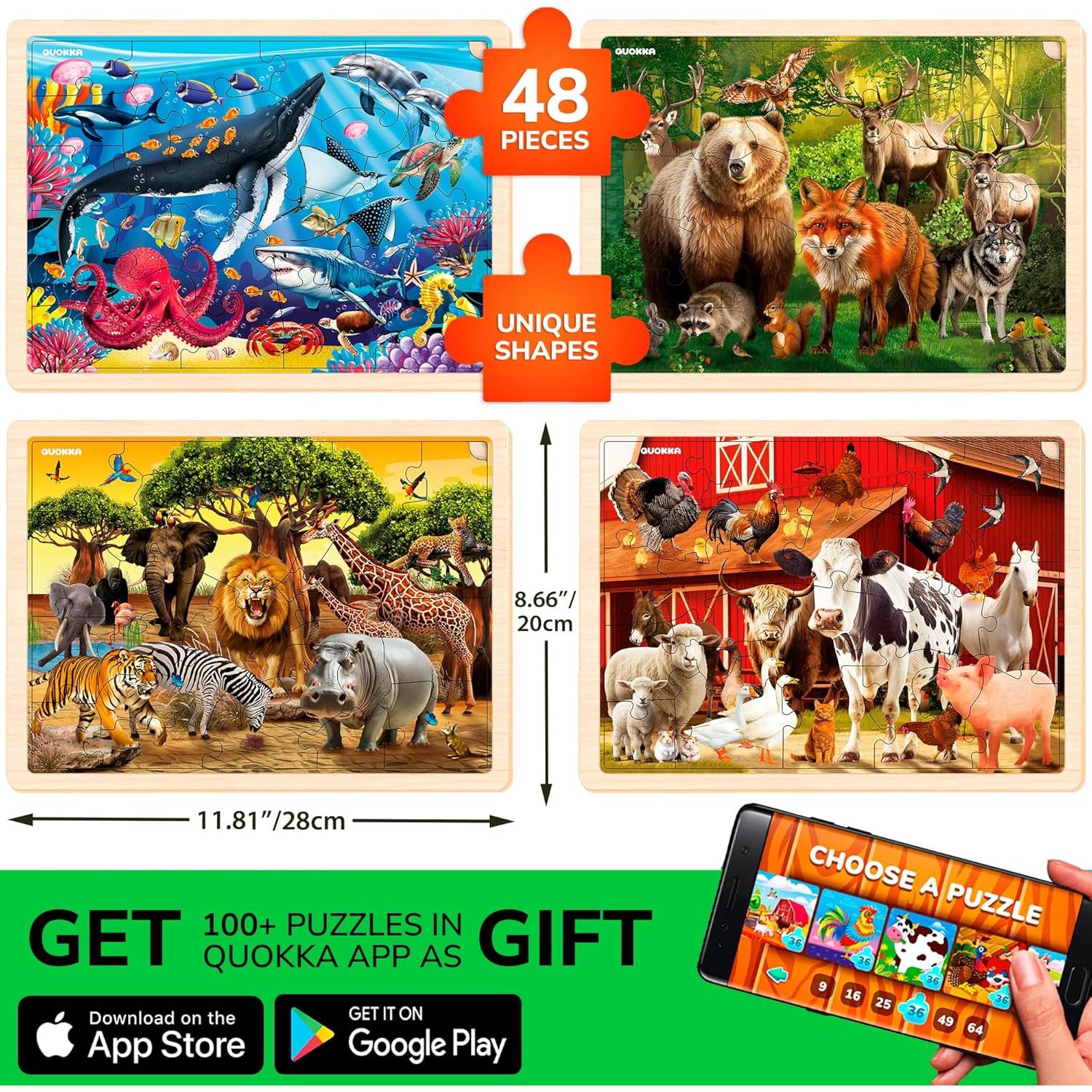 Rompecabezas de Madera QUOKKA - 4 Piezas Grandes para Niños 3-8 Años