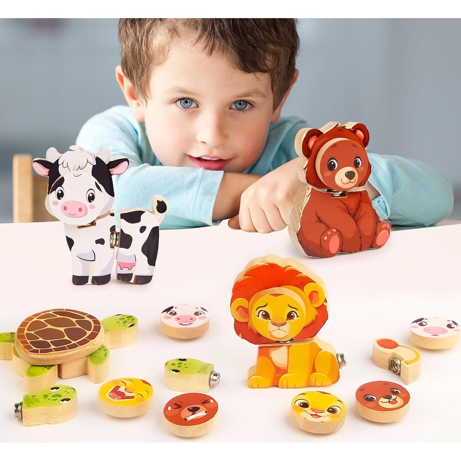 Bloques de Madera HUZU Animales Snap - Juguete Educativo 3-8 Años