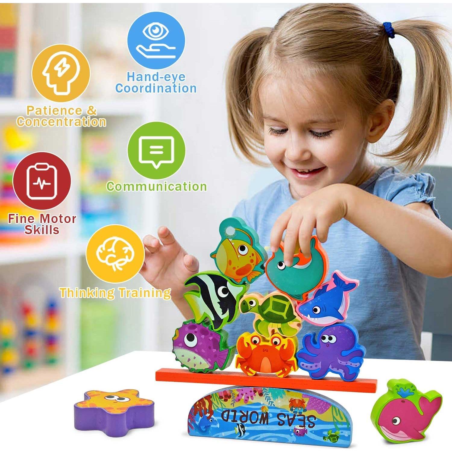 Bloques de Madera Oceánicos Vileafy - Juguete de Equilibrio 10 Figuras