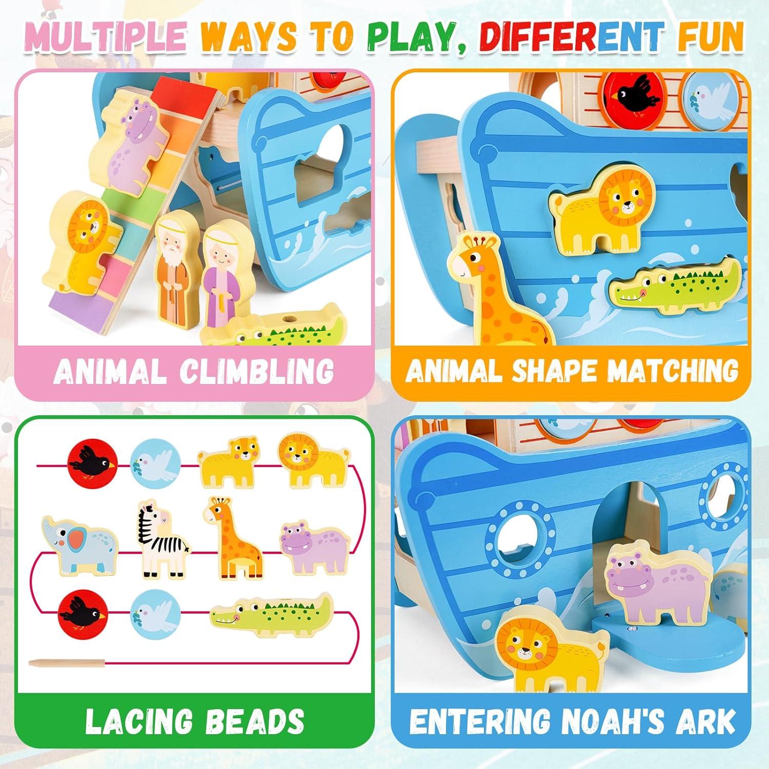 Juguete Arca de Noé de Madera KMTJT con Libro para Niños 2-4 Años