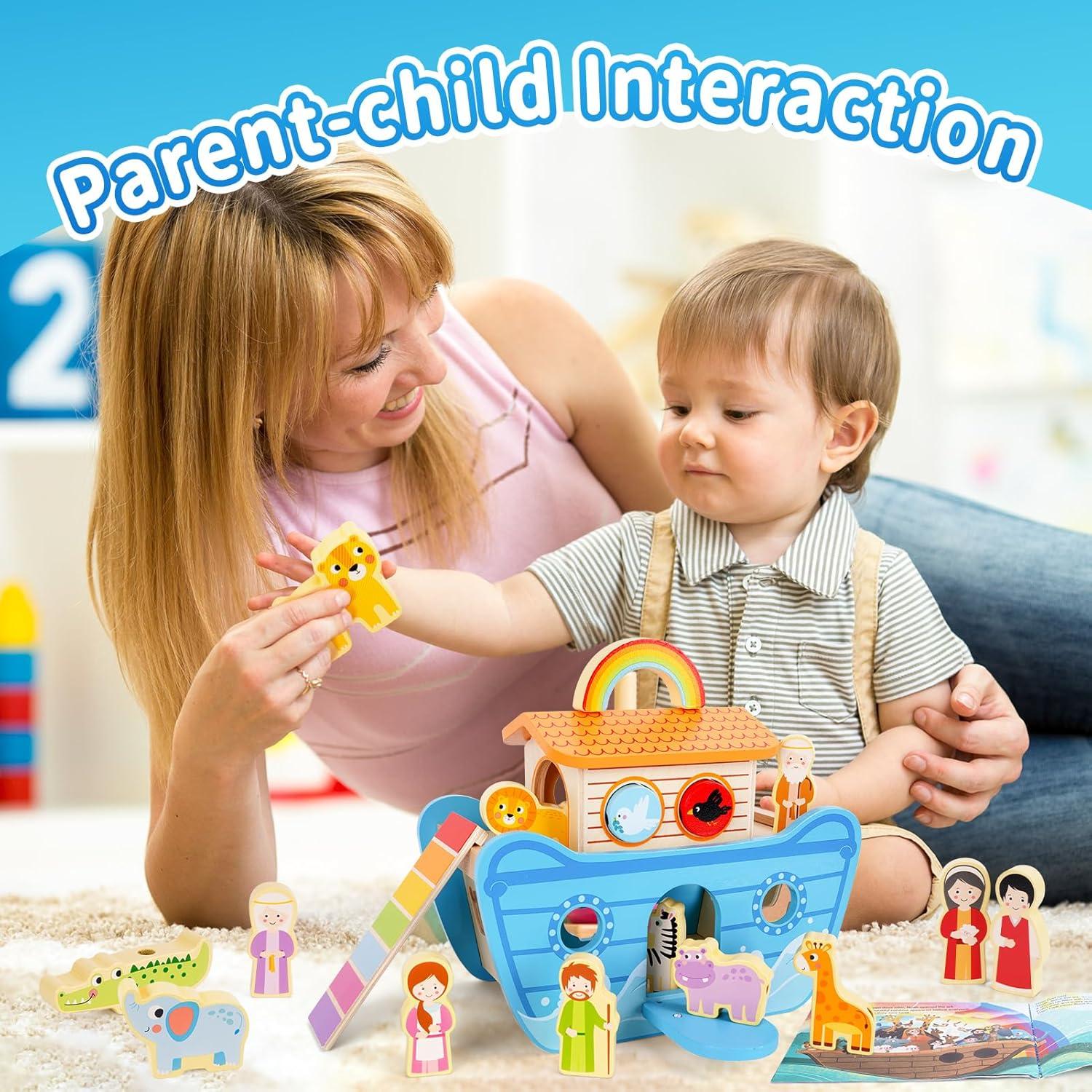 Juguete Arca de Noé de Madera KMTJT con Libro para Niños 2-4 Años