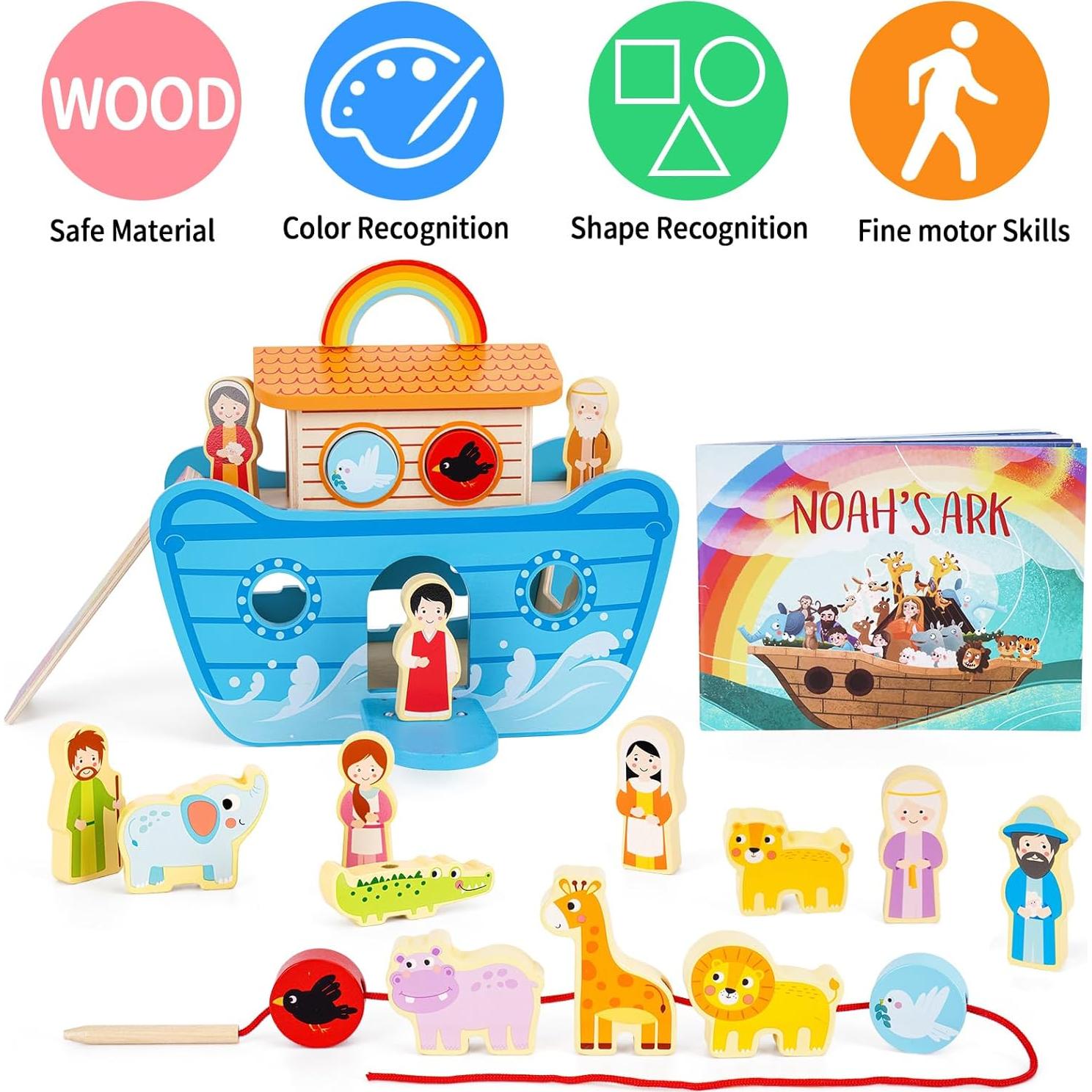 Juguete Arca de Noé de Madera KMTJT con Libro para Niños 2-4 Años