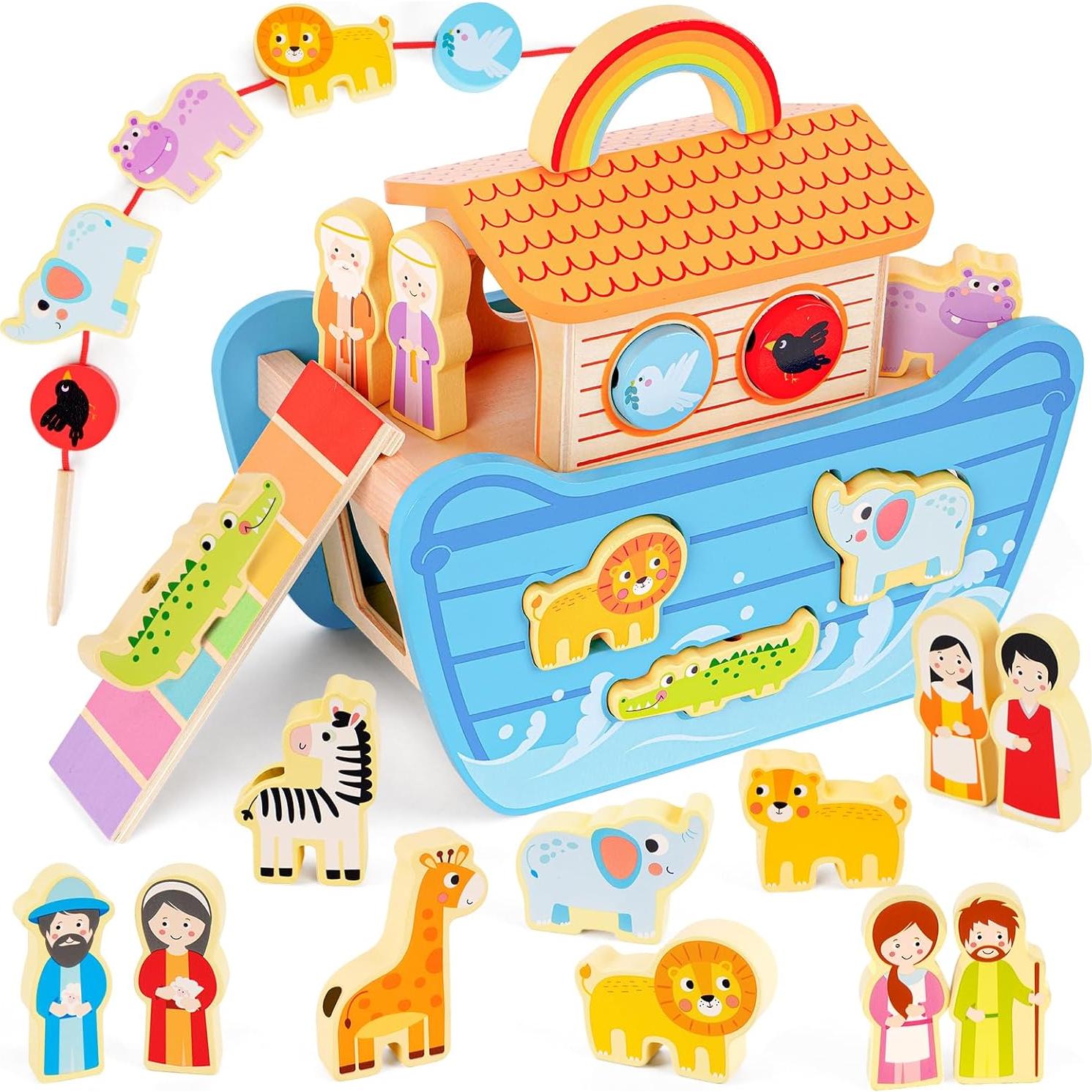Juguete Arca de Noé de Madera KMTJT con Libro para Niños 2-4 Años