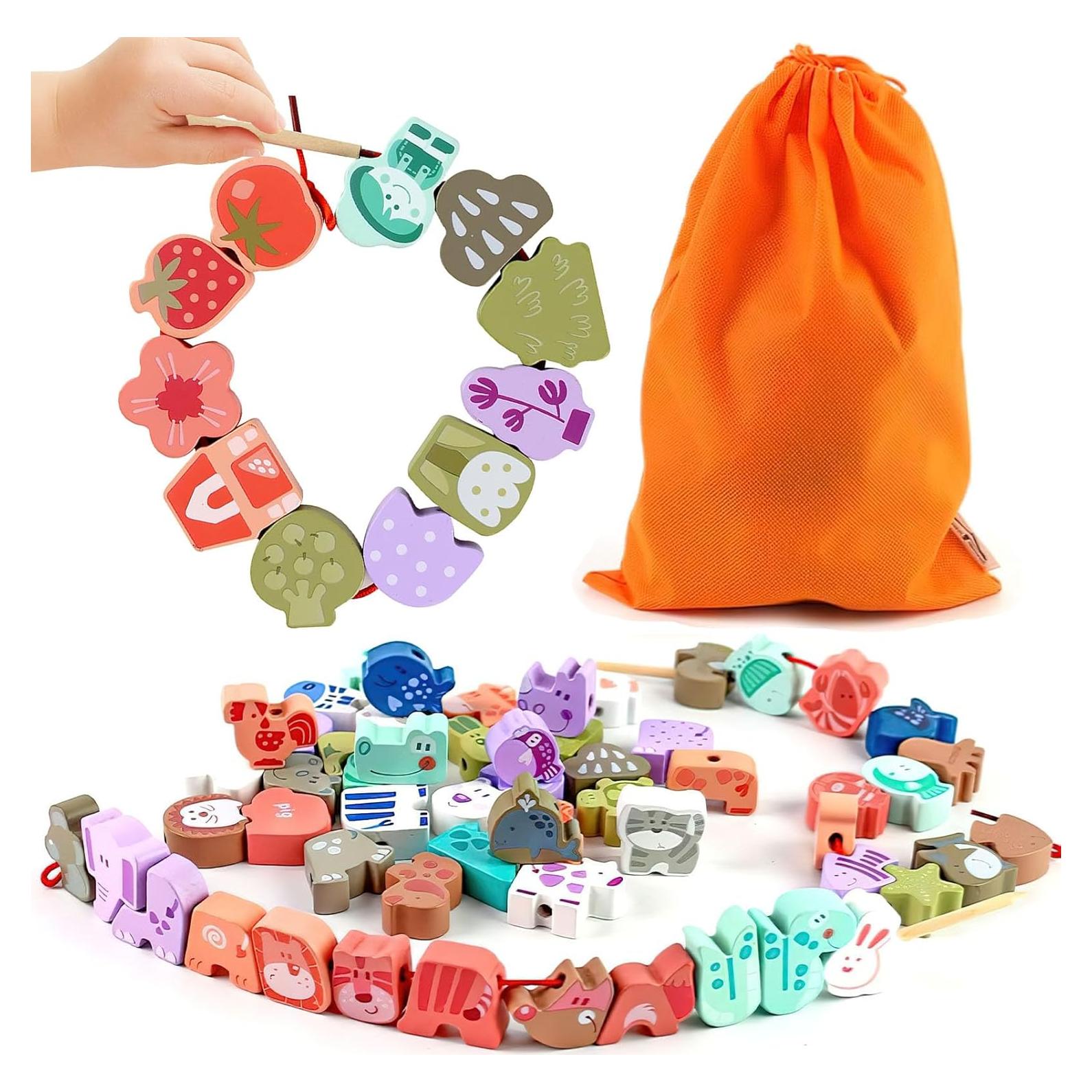 LovesTown 67 Perlas de Enhebrar de Madera para Niños