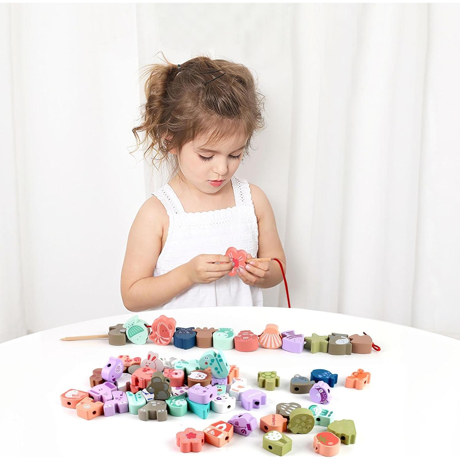 LovesTown 67 Perlas de Enhebrar de Madera para Niños