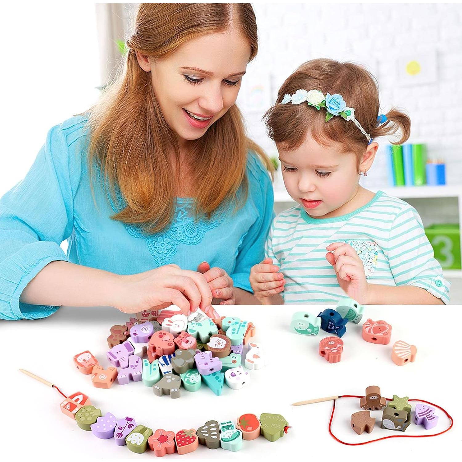 LovesTown 67 Perlas de Enhebrar de Madera para Niños
