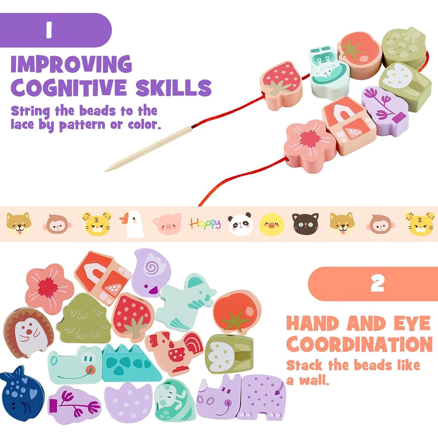 LovesTown 67 Perlas de Enhebrar de Madera para Niños