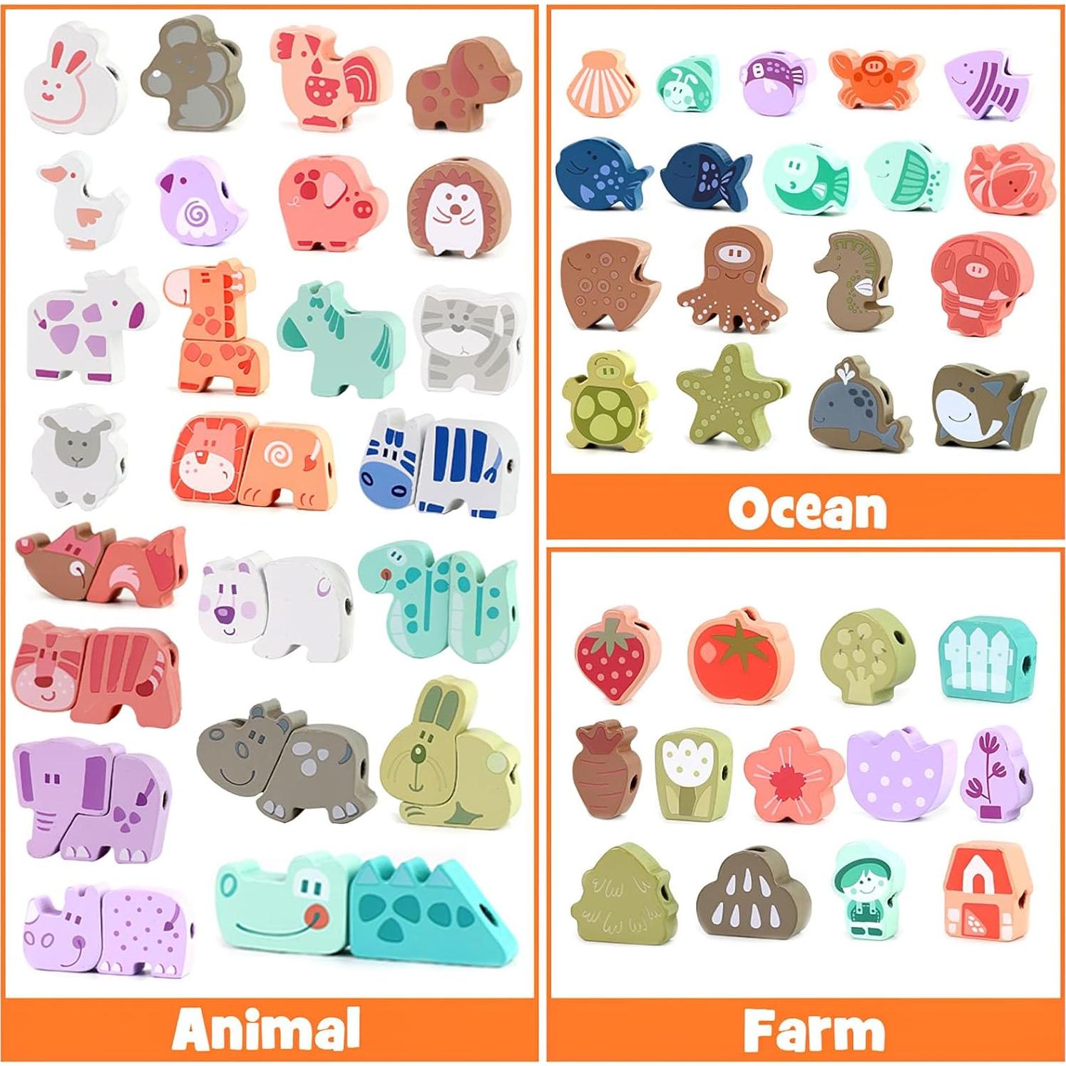 LovesTown 67 Perlas de Enhebrar de Madera para Niños