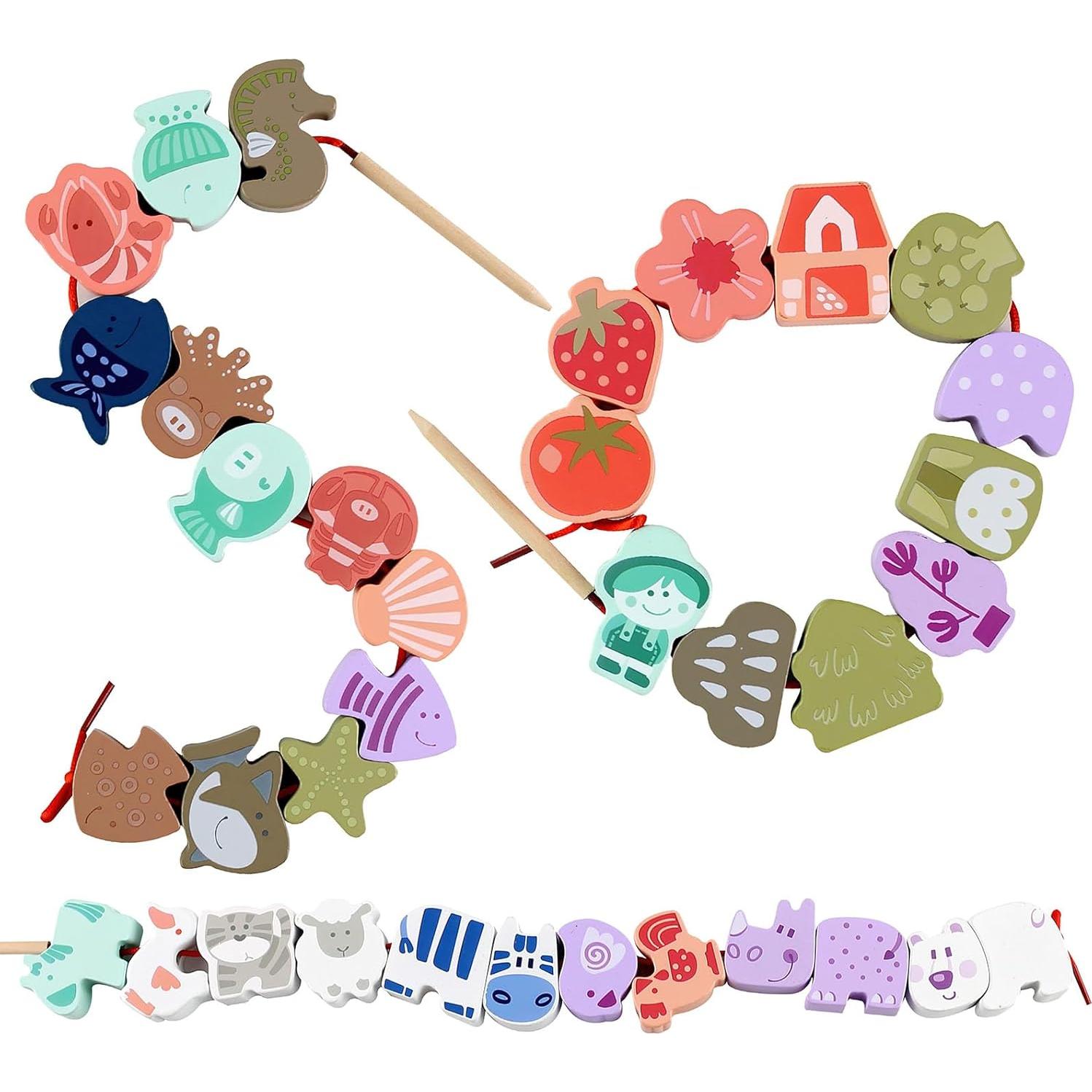 LovesTown 67 Perlas de Enhebrar de Madera para Niños