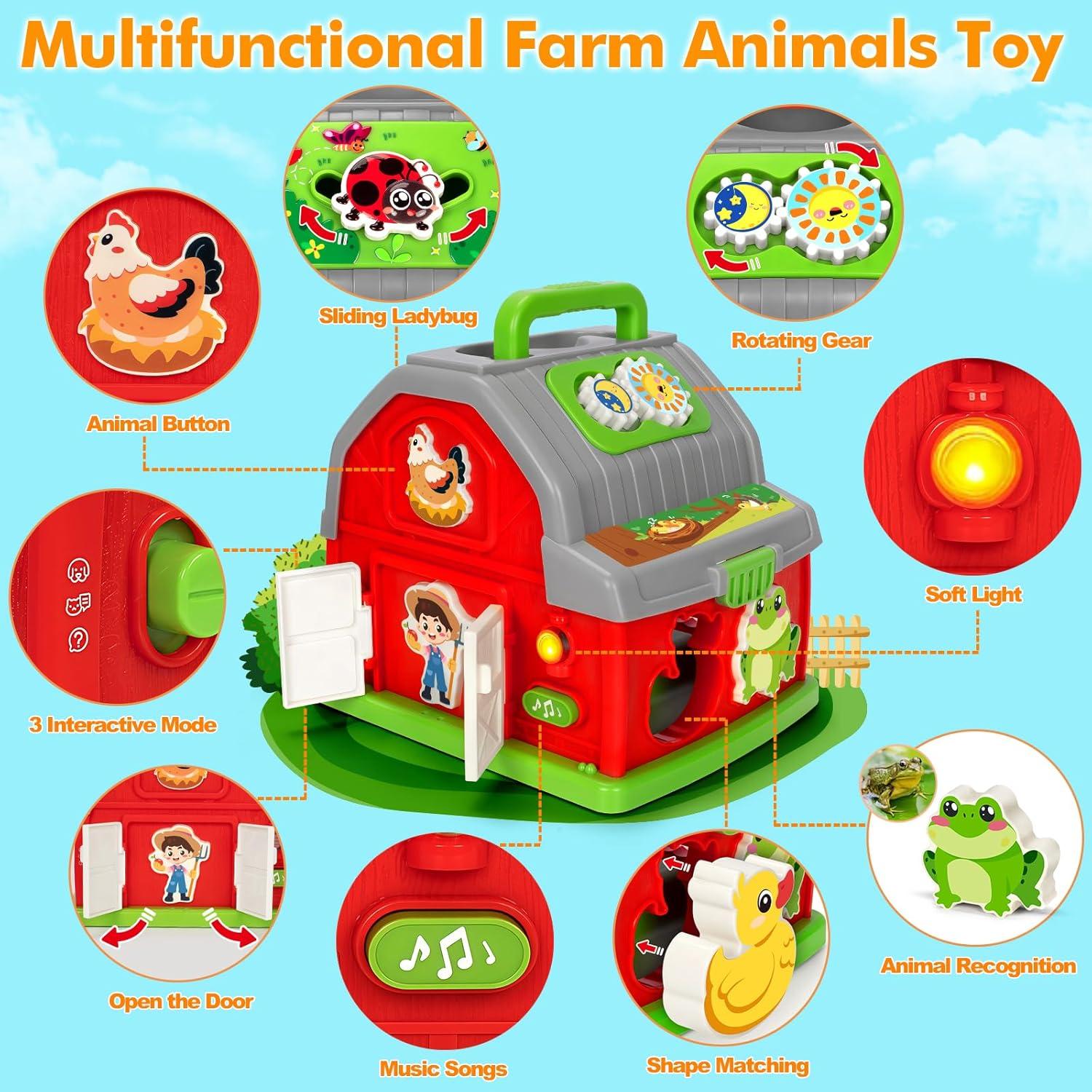 Juego de Granja Roja con Animales y Juguete Musical Montessori