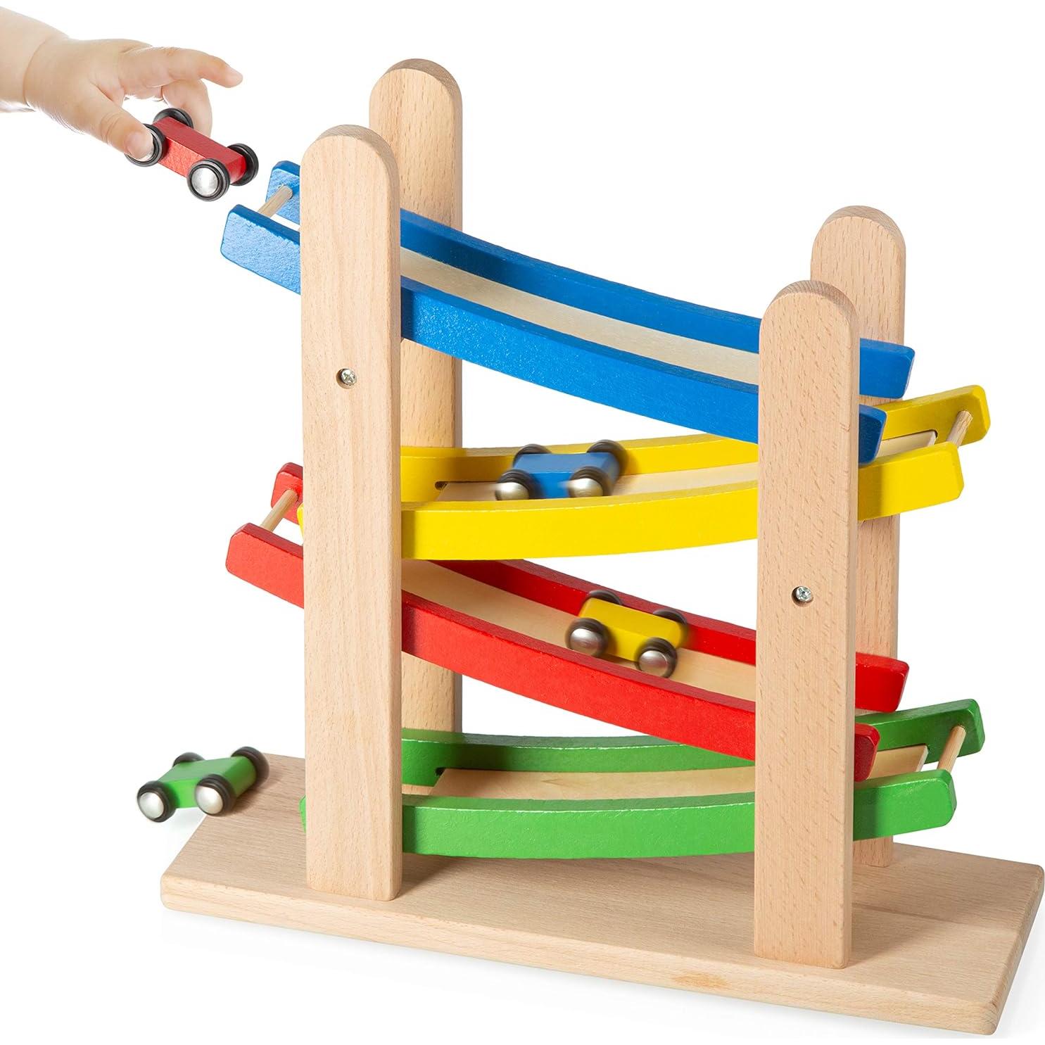 Rampas de Madera Play22 - Pista de Carreras 4 Niveles con 4 Coches