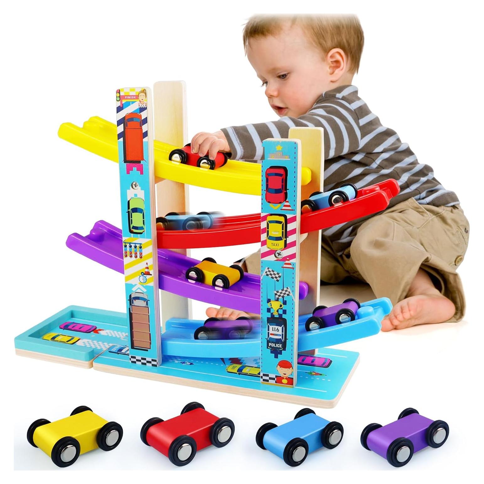 Juguete de Pista de Carreras Heirio con 4 Coches y Estacionamiento