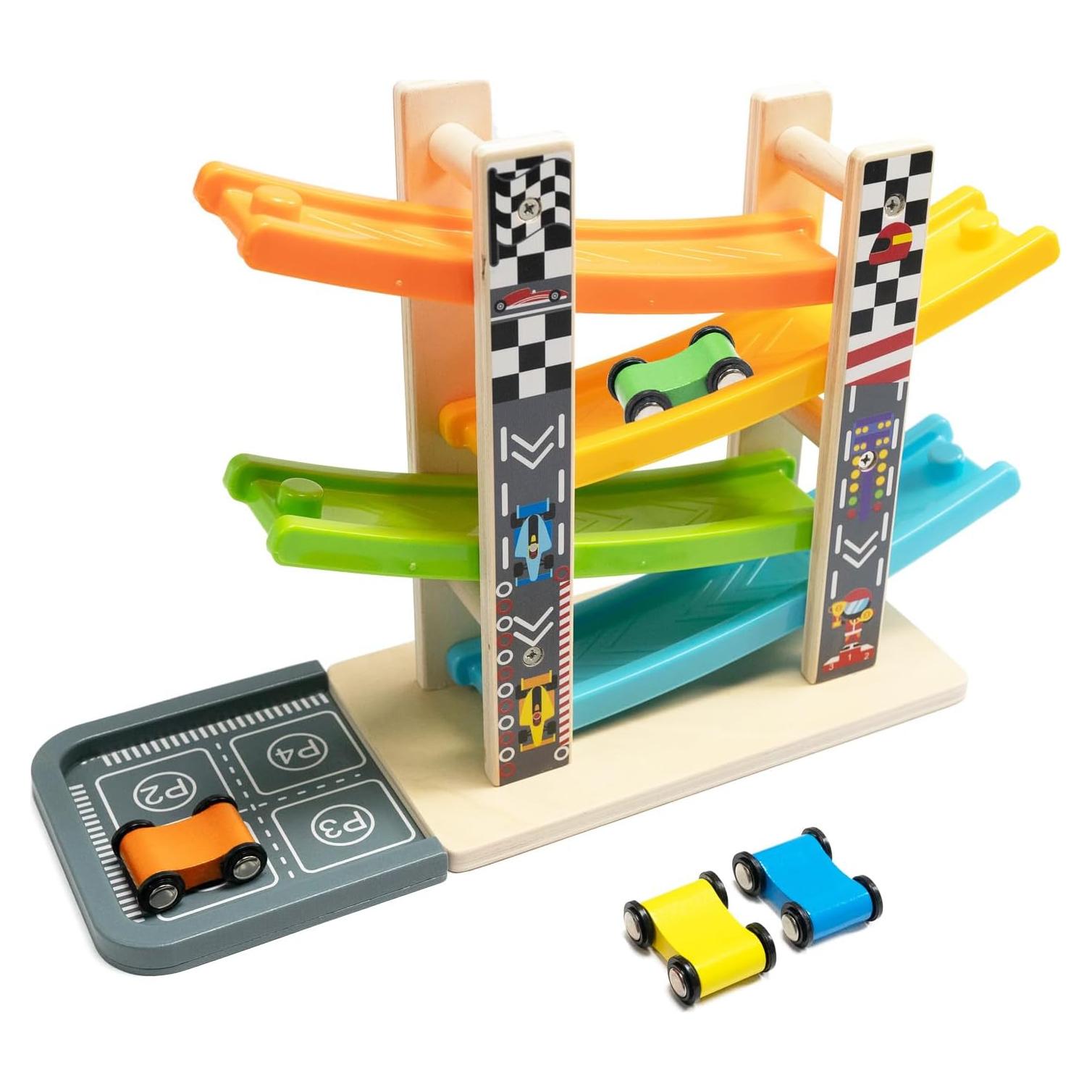 Juego de Carreras de Rampas de Madera WOOD CITY con 4 Coches
