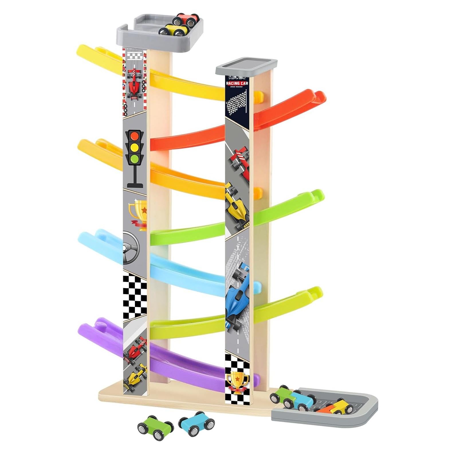 Rampa de Coches de Madera Ranqibo con 7 Mini Coches - Juguete Educativo 3+