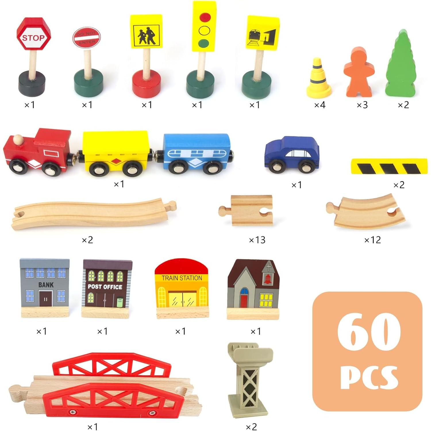 Juego de tren de madera 60 piezas WoodenEdu para niños 1-8 años