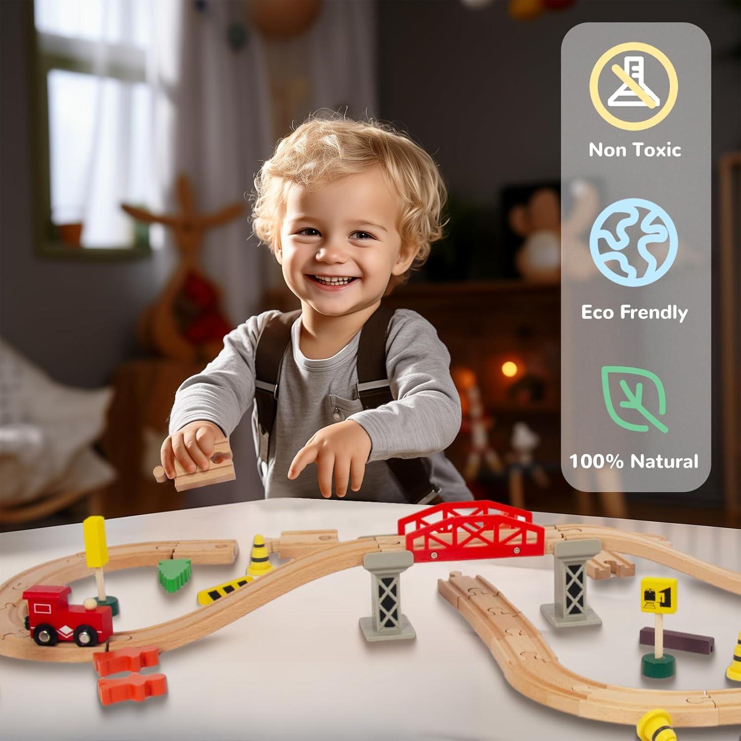 Juego de tren de madera 60 piezas WoodenEdu para niños 1-8 años