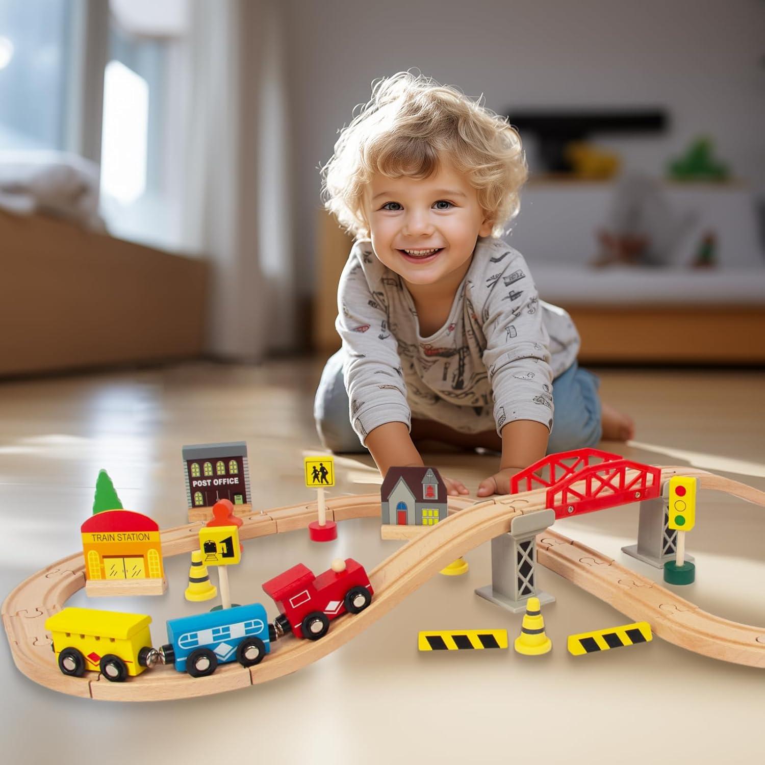 Juego de tren de madera 60 piezas WoodenEdu para niños 1-8 años