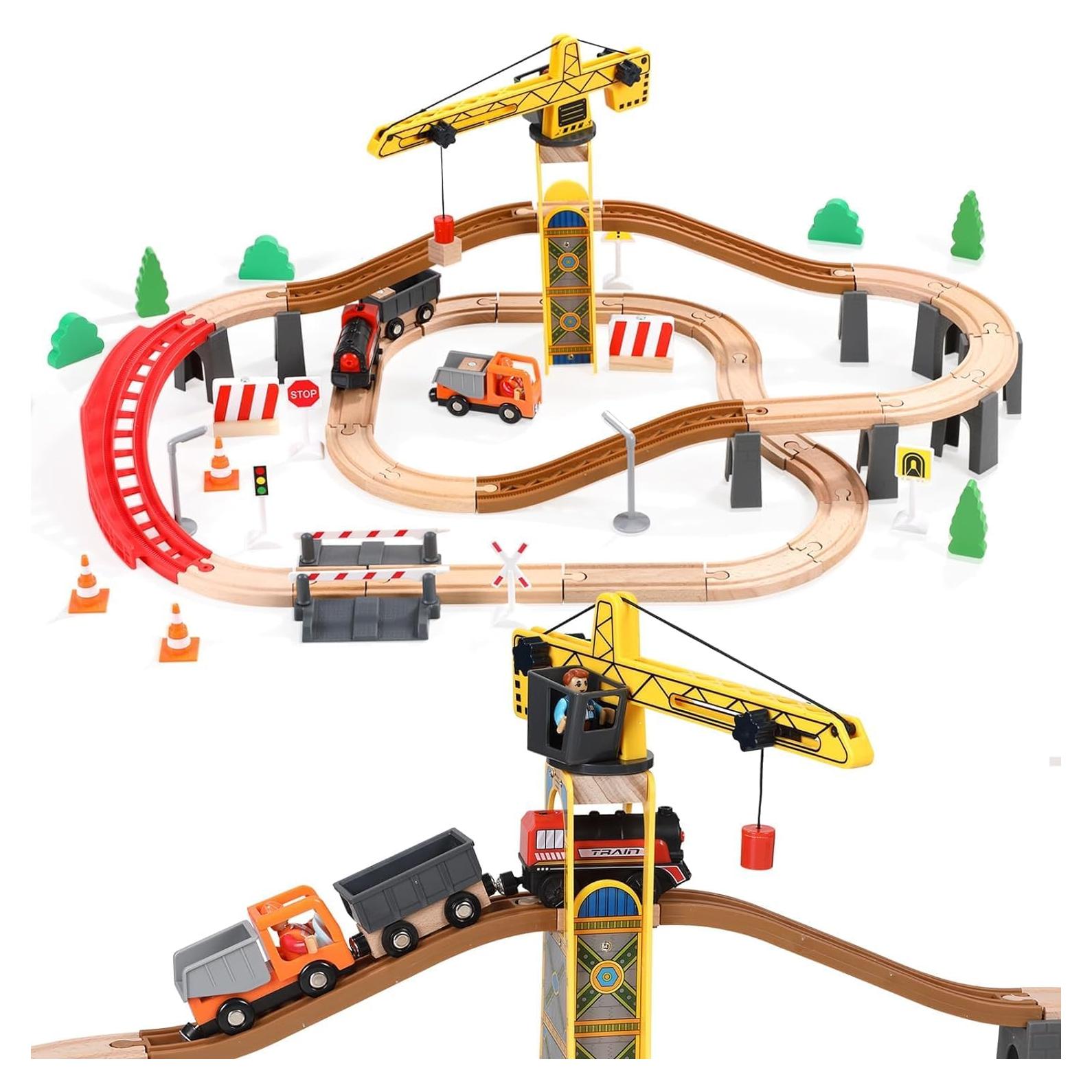 Conjunto de tren de madera con grúa torre Giant Bean 72 PCS