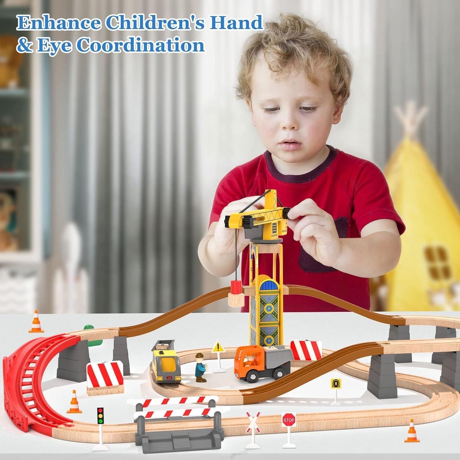 Conjunto de tren de madera con grúa torre Giant Bean 72 PCS