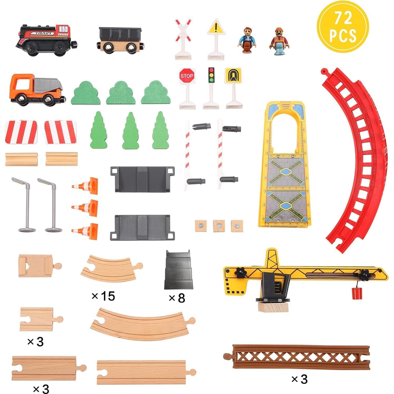 Conjunto de tren de madera con grúa torre Giant Bean 72 PCS