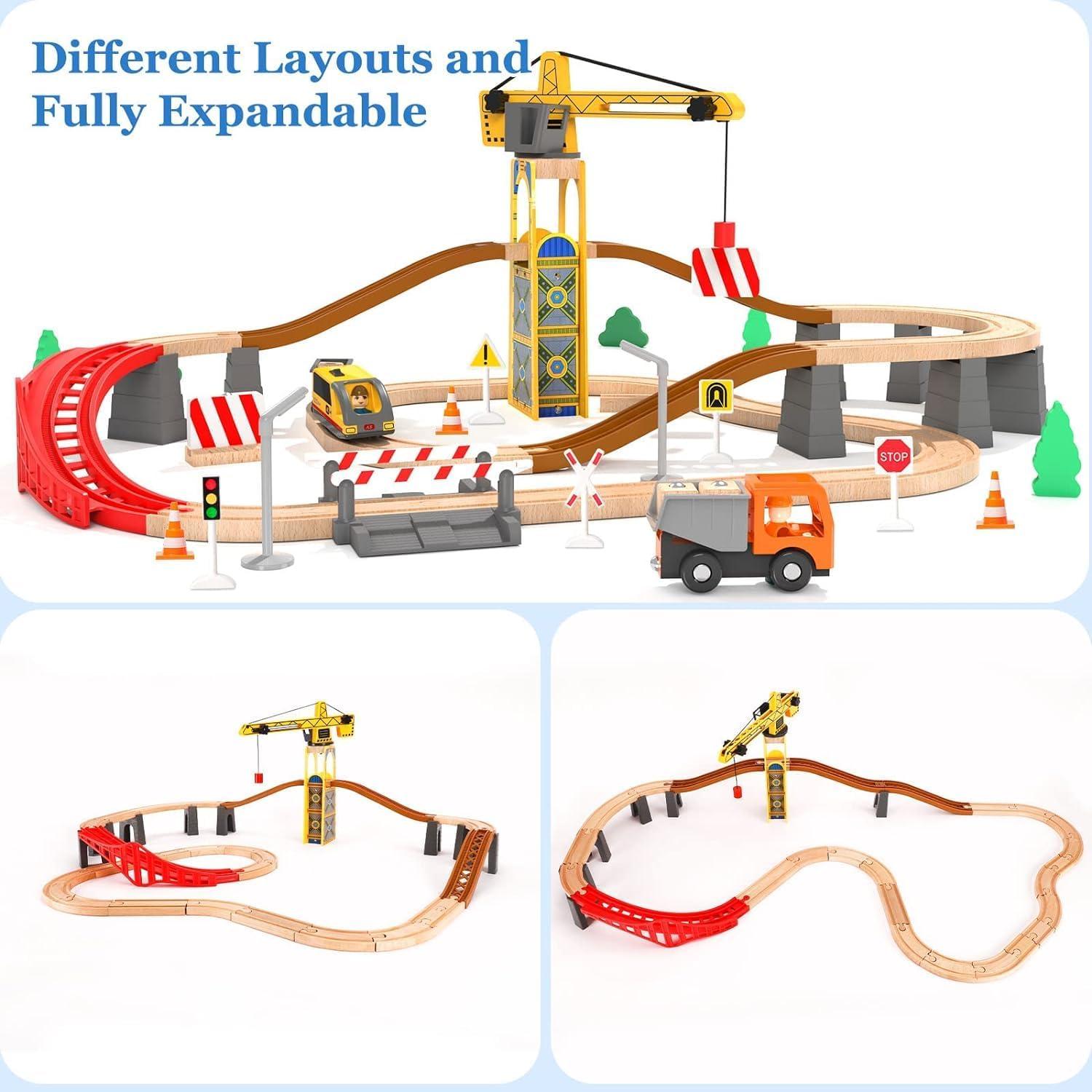 Conjunto de tren de madera con grúa torre Giant Bean 72 PCS