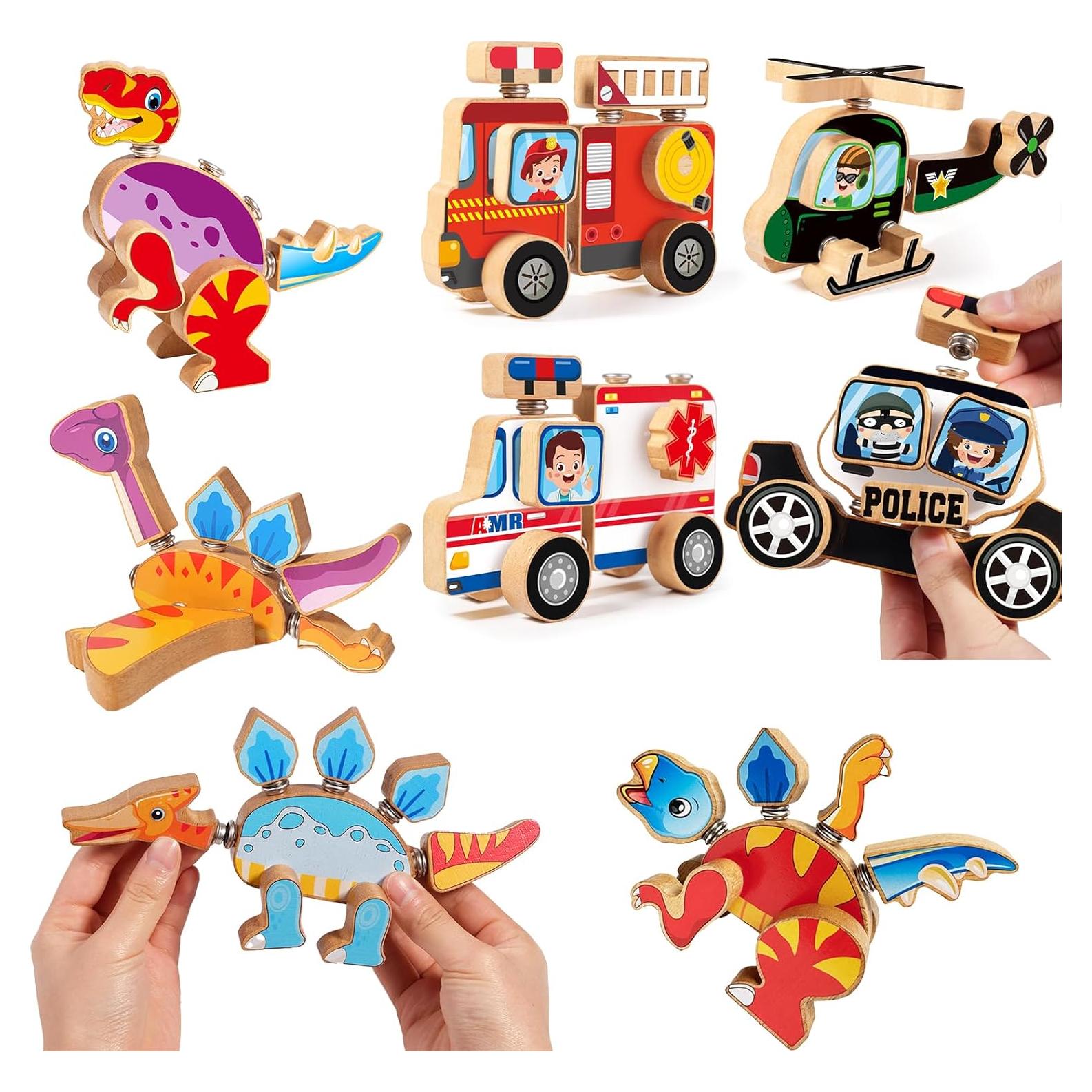 HUZU Juego de Bloques de Construcción de Madera 2-en-1 Vehículos y Dinosaurios