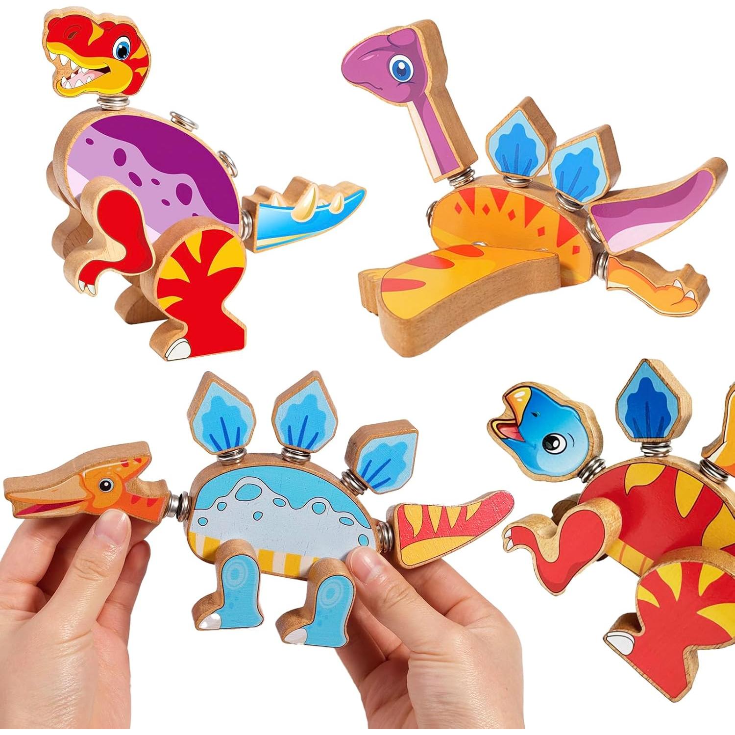 HUZU Juego de Bloques de Construcción de Madera 2-en-1 Vehículos y Dinosaurios