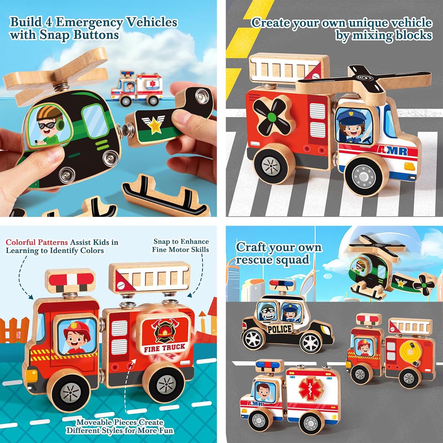 HUZU Juego de Bloques de Construcción de Madera 2-en-1 Vehículos y Dinosaurios