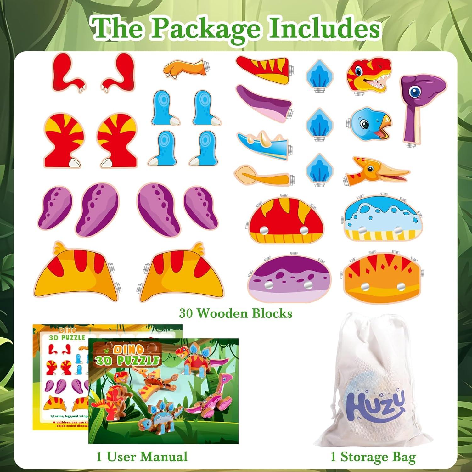 HUZU Juego de Bloques de Construcción de Madera 2-en-1 Vehículos y Dinosaurios