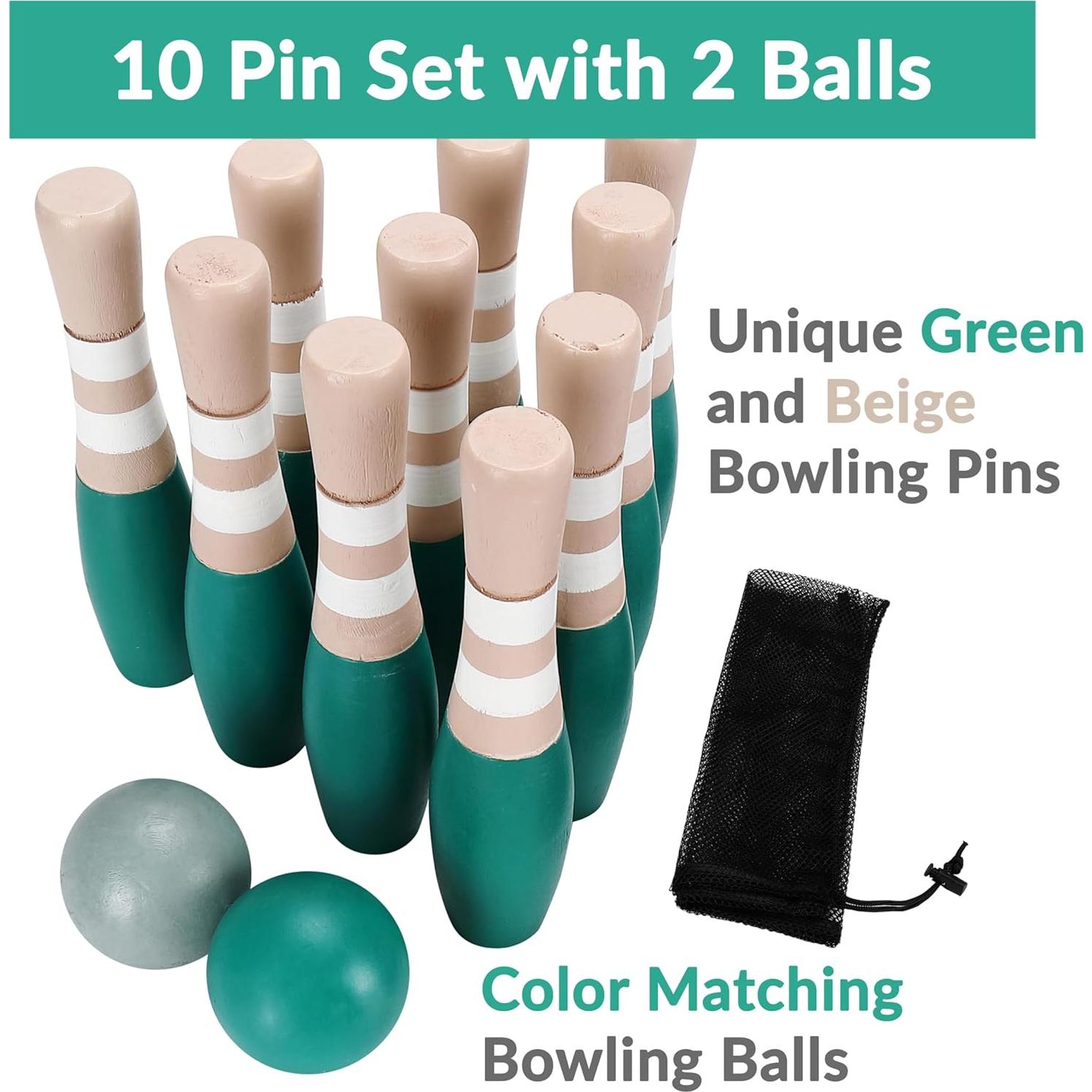 Conjunto de Bolos de Madera Sterling Sports 23 cm - 10 Pines y 2 Pelotas